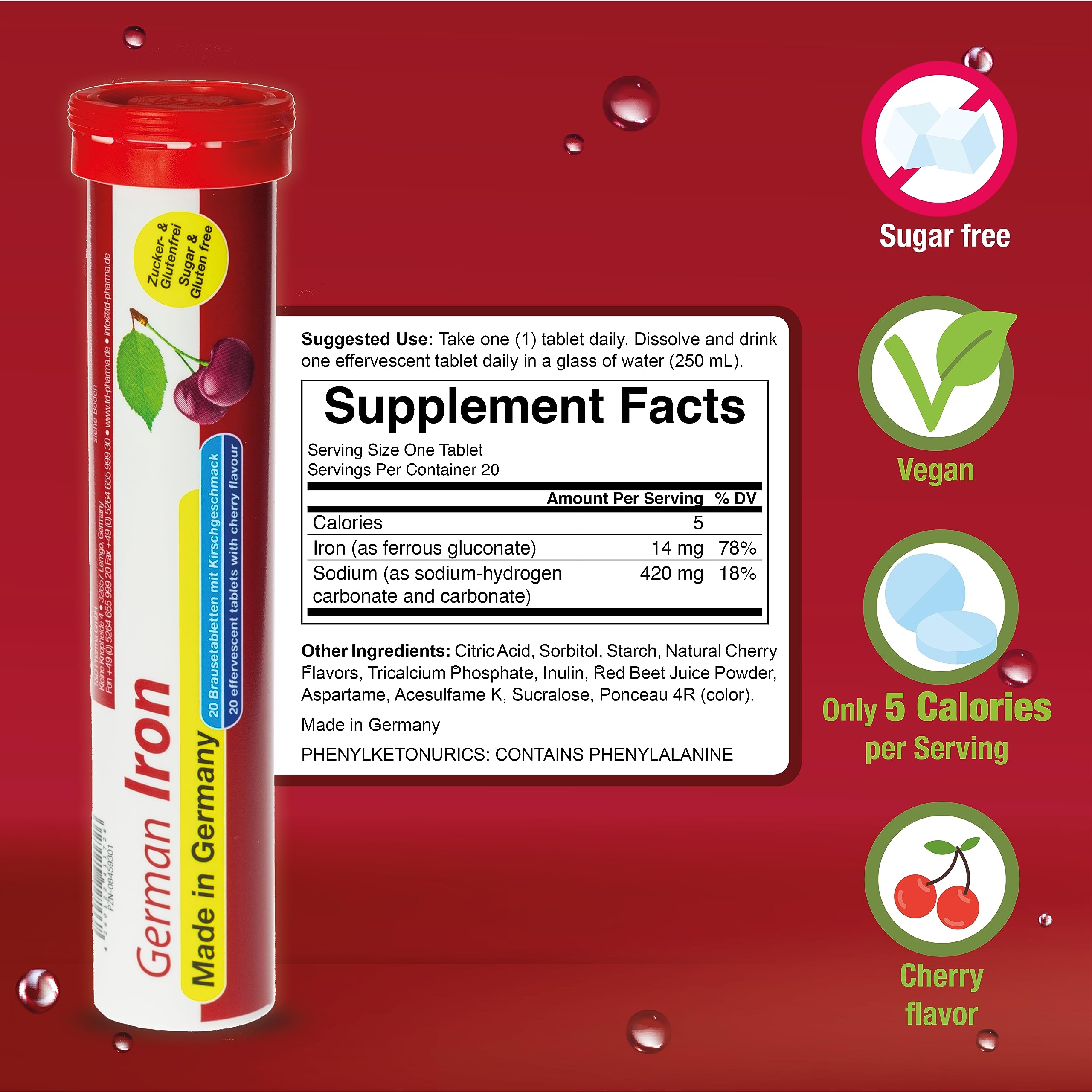 T&D German Iron 14 mg - 140 Vegan Drink Effervescent Tablets - Cherry Flavor - Made in Germany