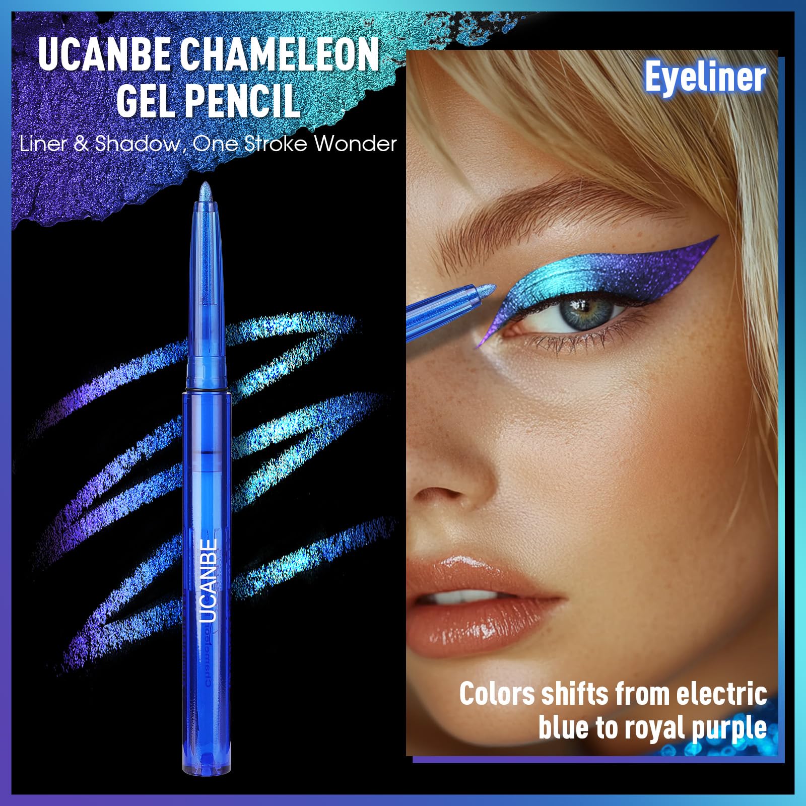 UCANBE Chameleon Eyeshadow & Eyeliner Gel Pencil - Multichrome Shifting Colors Metallic Glitter Eye Makeup,Waterproof Long-Lasting Smudge-Proof Multi-Dimensional Color (Electric Blue to Royal Purple)