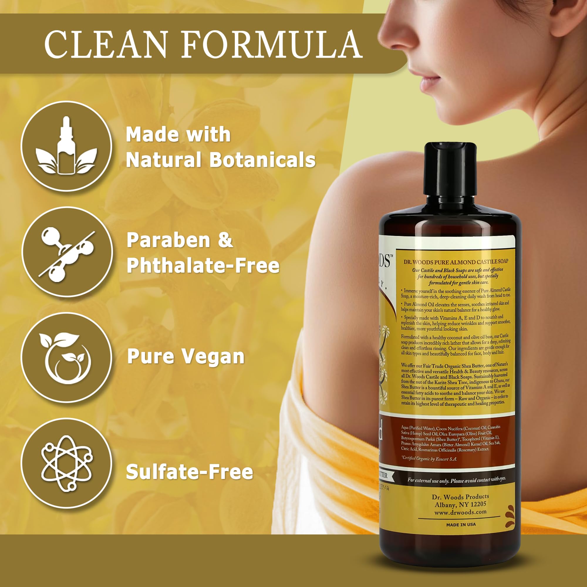 Dr. Woods Almond Liquid Castile Soap - Castile Soap with Pure Almond Oil, Body Wash for Men and Women, Organic Shea Butter, Natural Cleaner for Face, Hands, and Body - 32 Fl Oz, Pack of 2