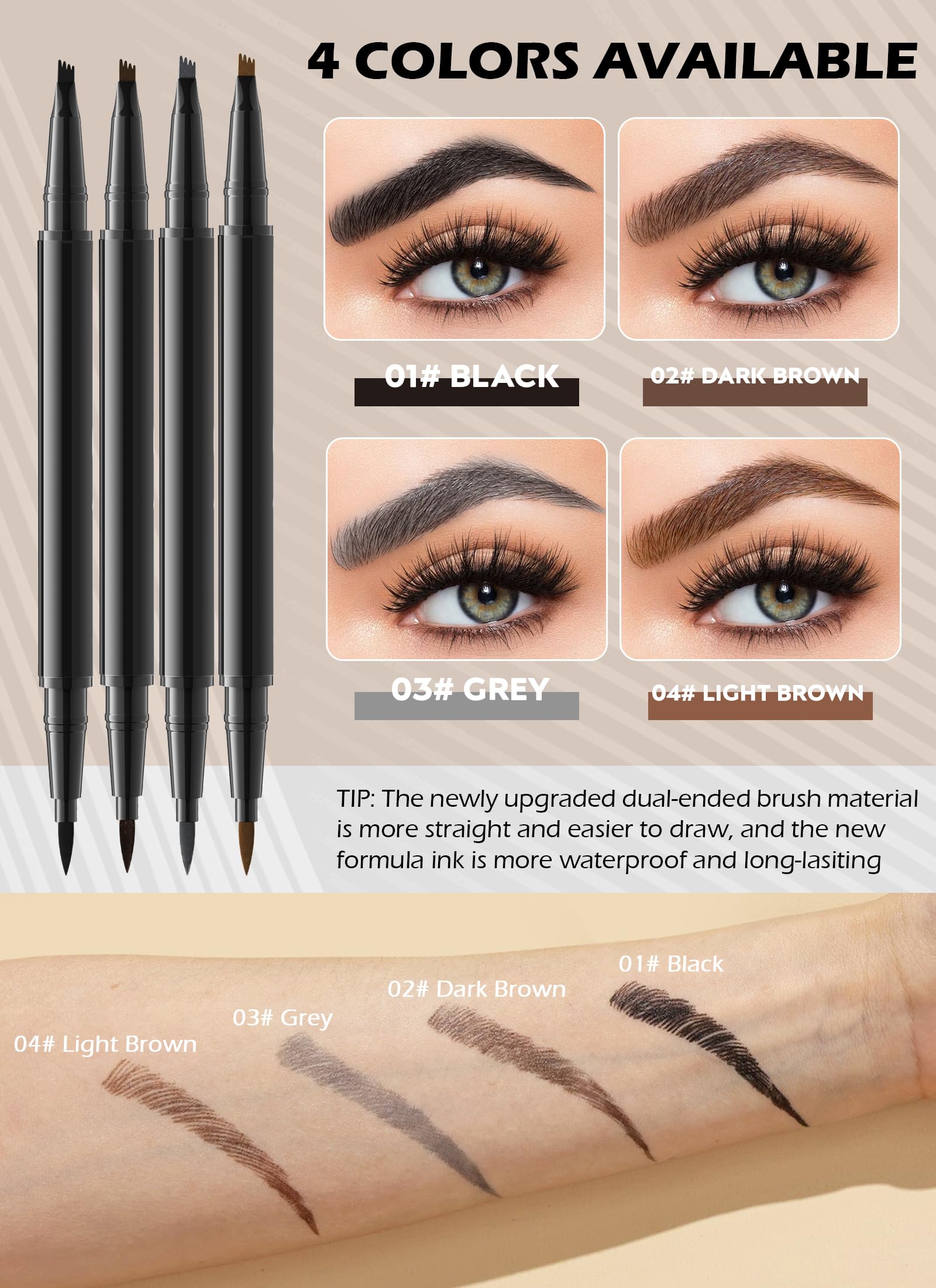 2PCS Microblading Eyebrow Pencil with Brush, 2-In-1 Dual-Ended Waterproof Eyebrow Pen with 4-Fork-Tip & Ultra-Precise-Tip for Hair-Like Natural Eyebrow Makeup, Eye Brow Pencils for Women -Dark Brown