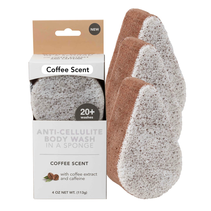 Spongeables Anti-Cellulite Body Wash in a Sponge, Scent, Spa Cellulite Massager, Moisturizer and Exfoliator, 20+ Washes, 4 oz Sponge, Pack of 3 Coffee 12 Ounce
