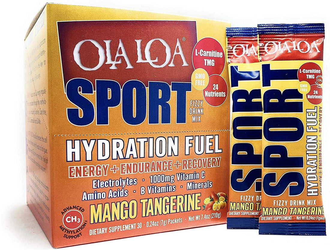 Ola Loa Sport Mango Tangerine All-Natural Hydrating Sports Drink Mix - Energy, Amino Acids, Electrolytes, Vitamin C, Vitamin B, Gluten Free, Vegan - Drink Your Vitamins - 30 Packets (7.4oz)