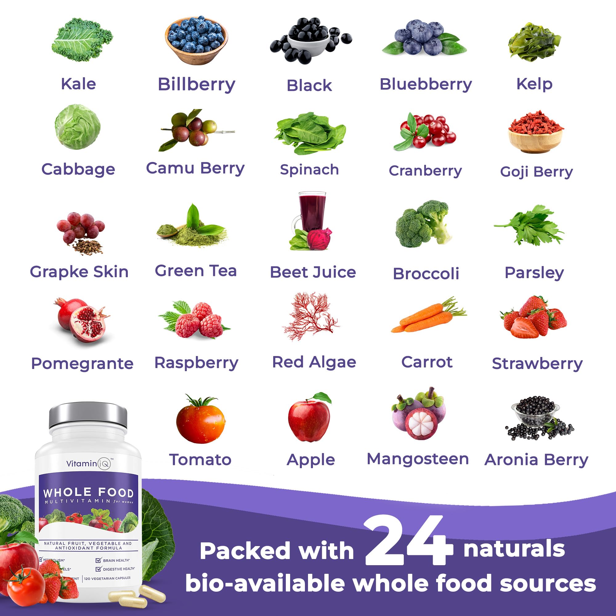 VitaminIQ Multivitamin for Women (120 Vegetarian Capsules) Whole Food Vitamin with Essential Nutrients, Natural Calcium, Magnesium, Selenium, Zinc, Biotin, Vitamin A, B6, C, D3, E, K and More