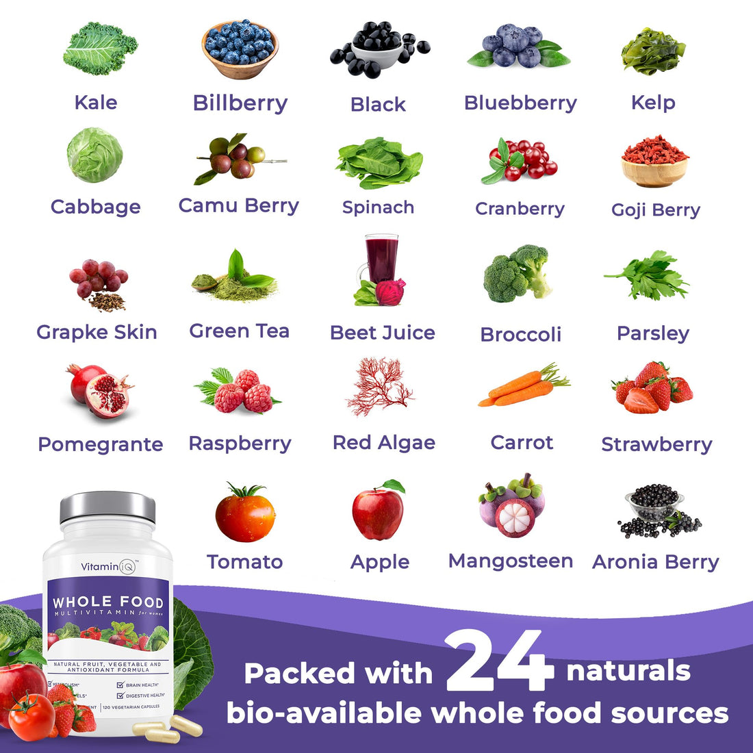 VitaminIQ Multivitamin for Women (120 Vegetarian Capsules) Whole Food Vitamin with Essential Nutrients, Natural Calcium, Magnesium, Selenium, Zinc, Biotin, Vitamin A, B6, C, D3, E, K and More