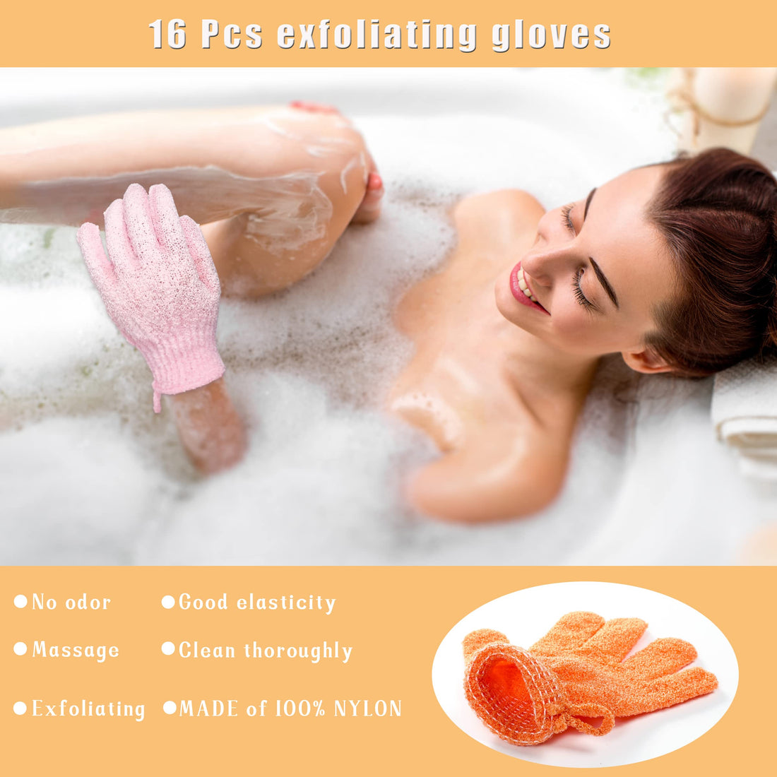 Bath Gloves,16 Pcs Exfoliating Bath Gloves,Body Scrub Gloves with Hanging Loop for Beauty Spa Massage Skin Shower Body Scrubber-8 Colors