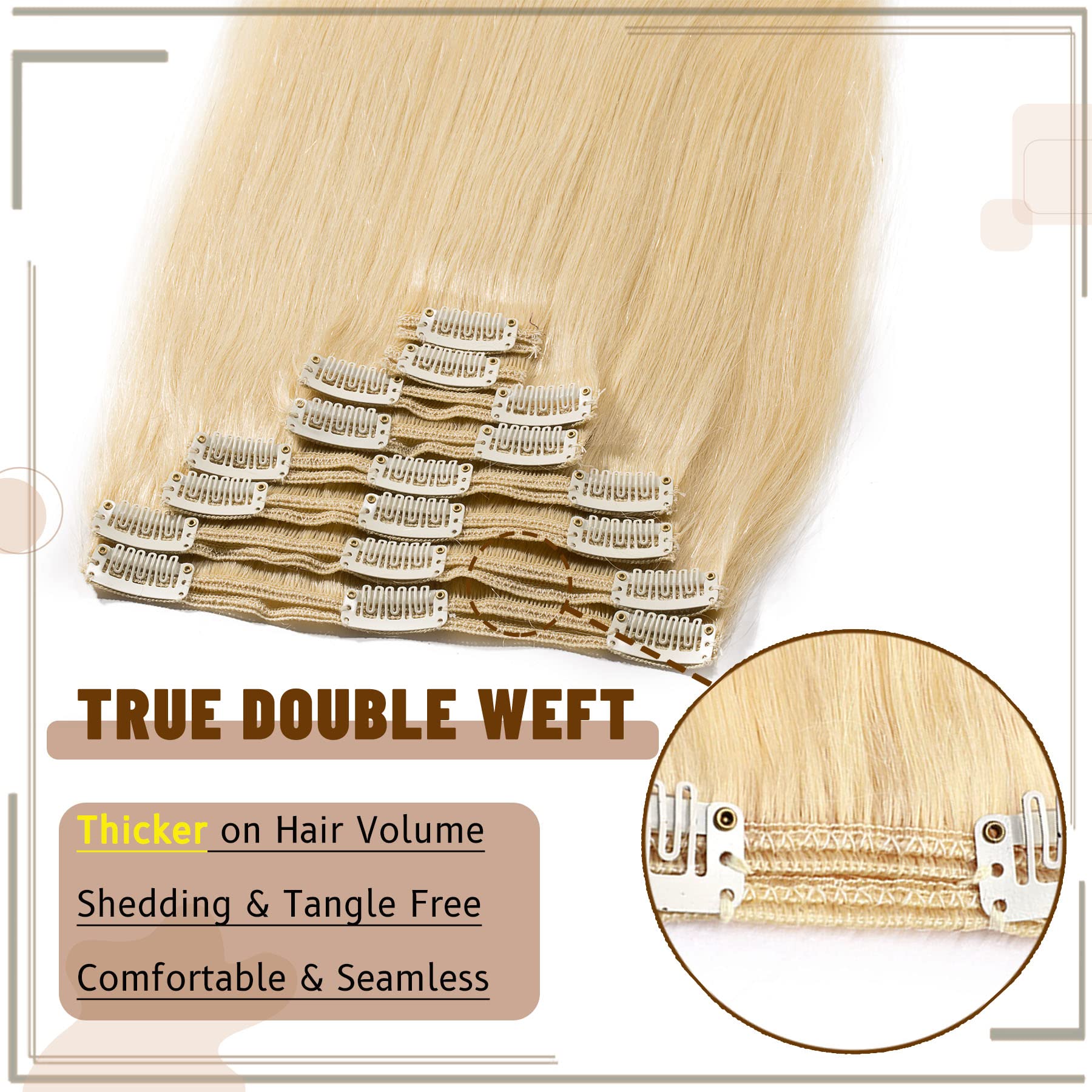 S-noilite Blonde 100% Remy Human Hair Clip in Extensions Double Weft 16Inch Bleach Blonde Straight Soft Grade 7A Quality 8pcs 18 Clips 130g Thick Full Head Brazilian Hair For Women #613