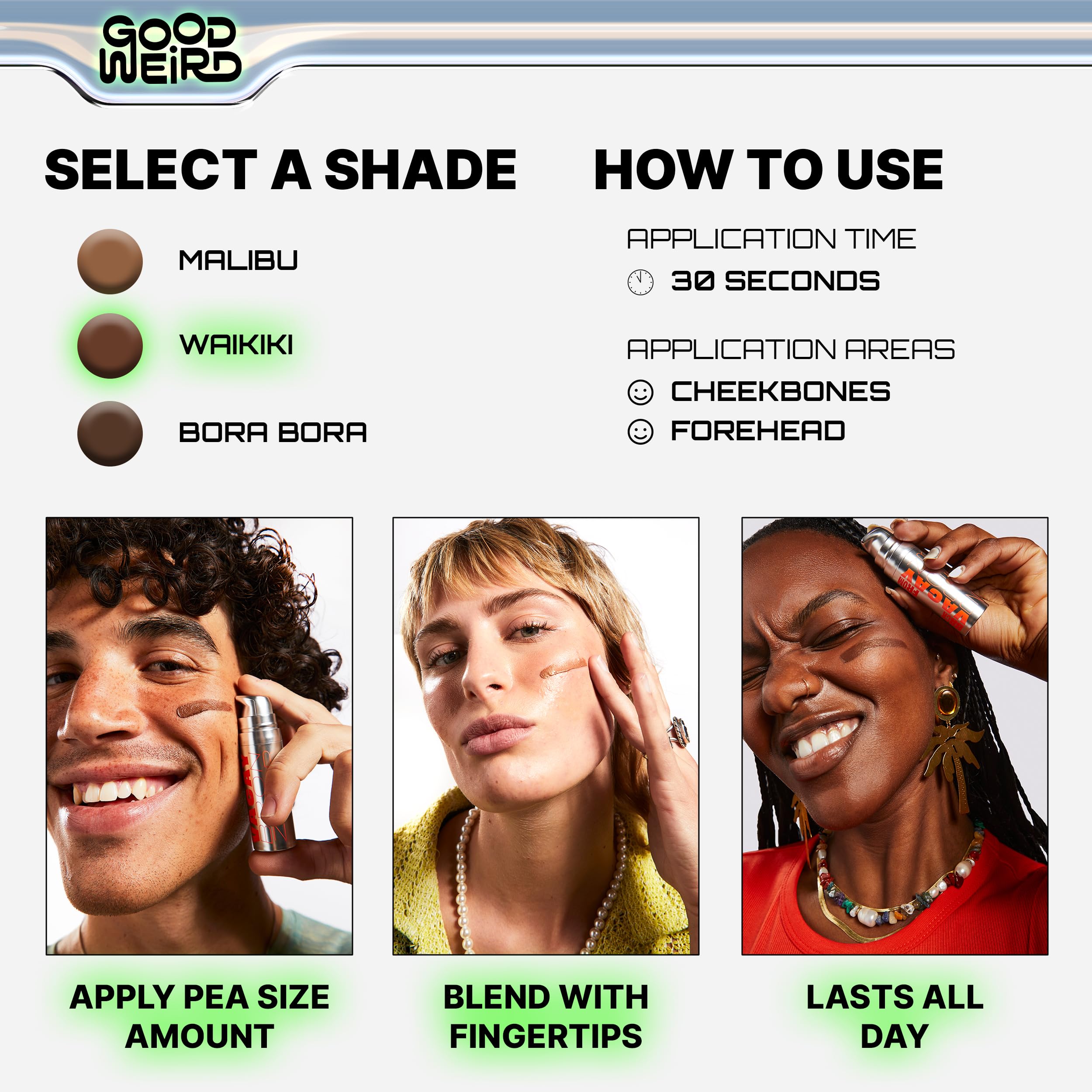 GOOD WEIRD Back From Vacay Bronzer - Vegan Liquid Face Bronzer Gel Cream for Men and Women | Natural Glow Lightweight Highlighter Makeup | Subtle Shimmer | 0.56 fl. oz. | WAIKIKI (Medium Bronze)