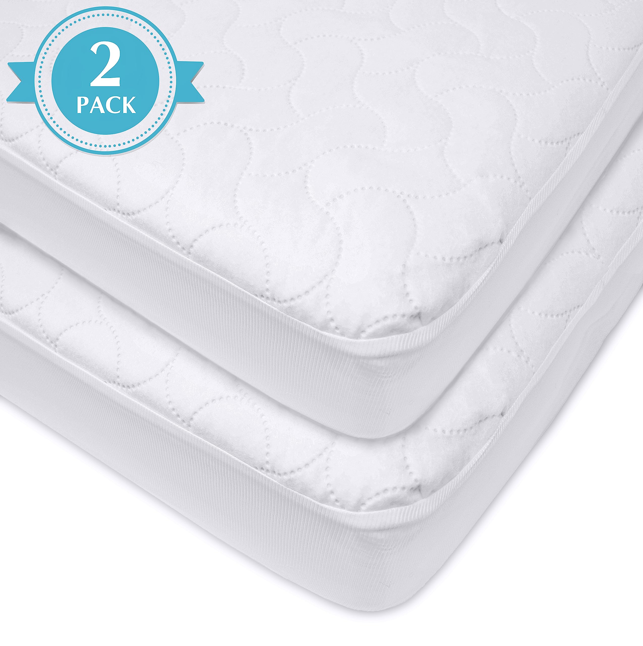 American Baby Company 2 Pack Waterproof Fitted Crib and Toddler Mattress Protector, Quilted and Noiseless Crib & Toddler Mattress Pad Cover, White, 52x28x9