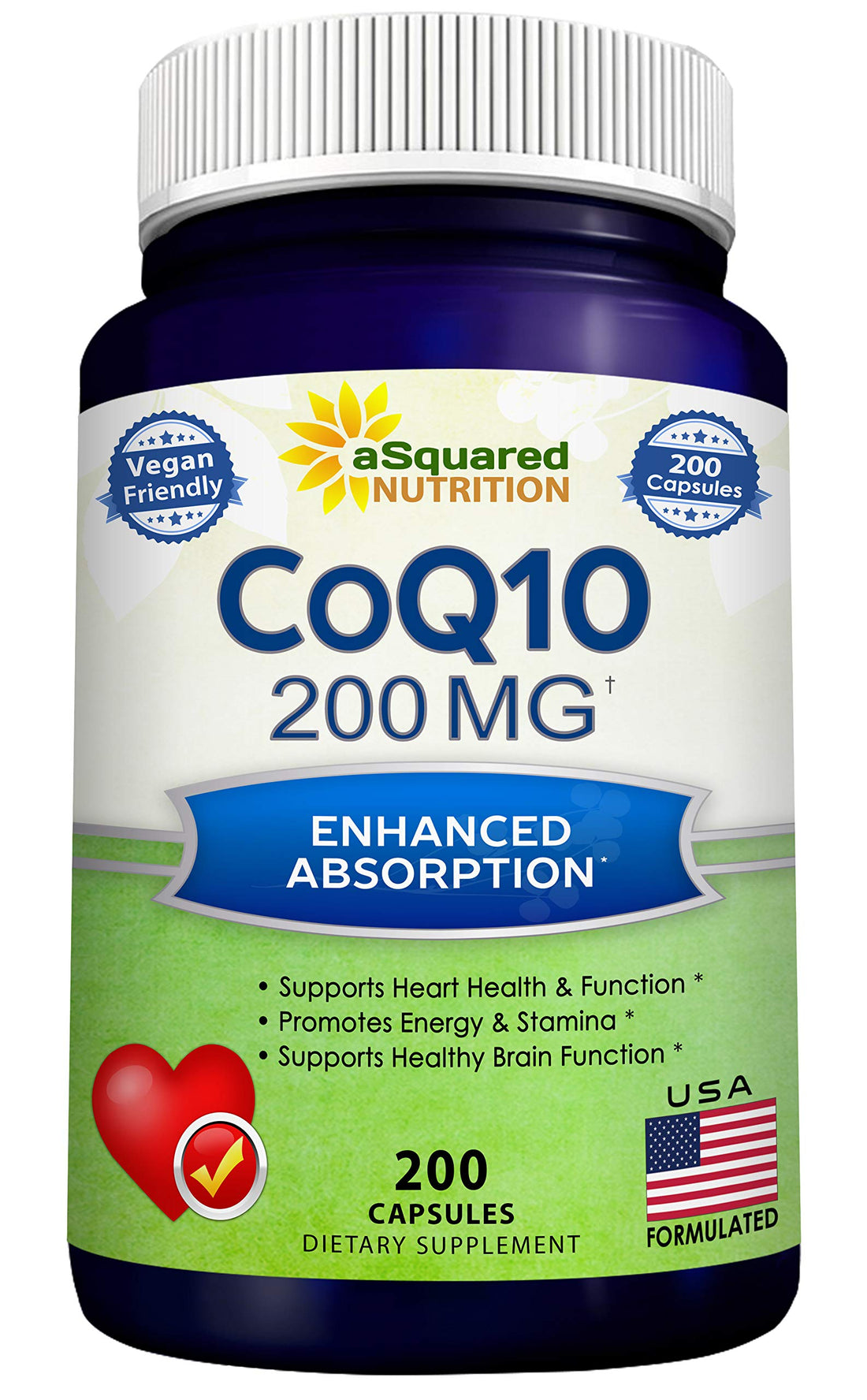 aSquared Nutrition CoQ10 (200 Capsules and 200mg) - High Absorption Vegan CO Q-10 Powder - Enzyme Ubiquinone Supplement Pills, Extra Antioxidant Coenzyme Q10 Vitamin, Coq 10 Alernative to Softgels