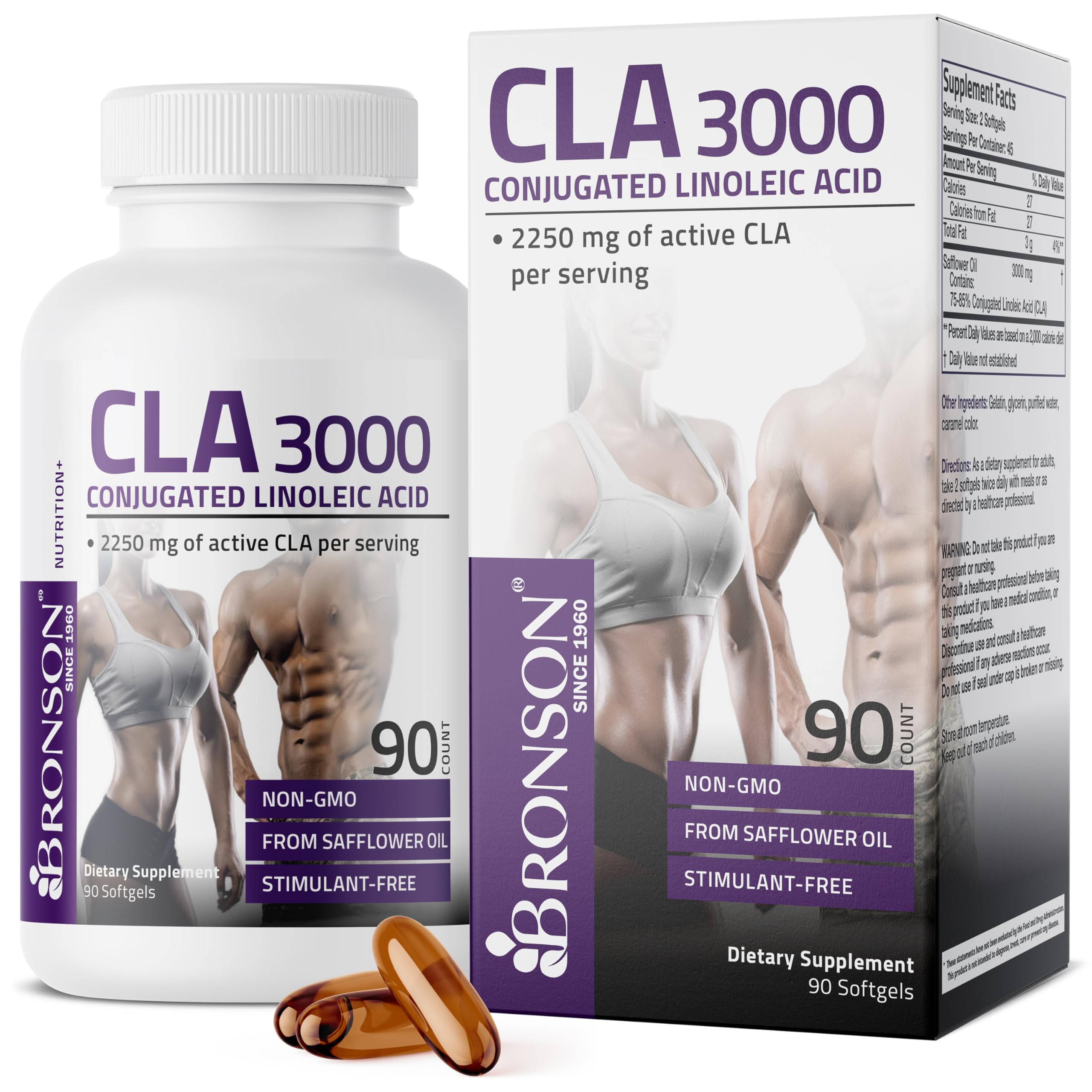 Bronson CLA 3000 Extra High Potency Supports Healthy Weight Management Lean Muscle Mass Non-Stimulating Conjugated Linoleic Acid, 90 Softgels