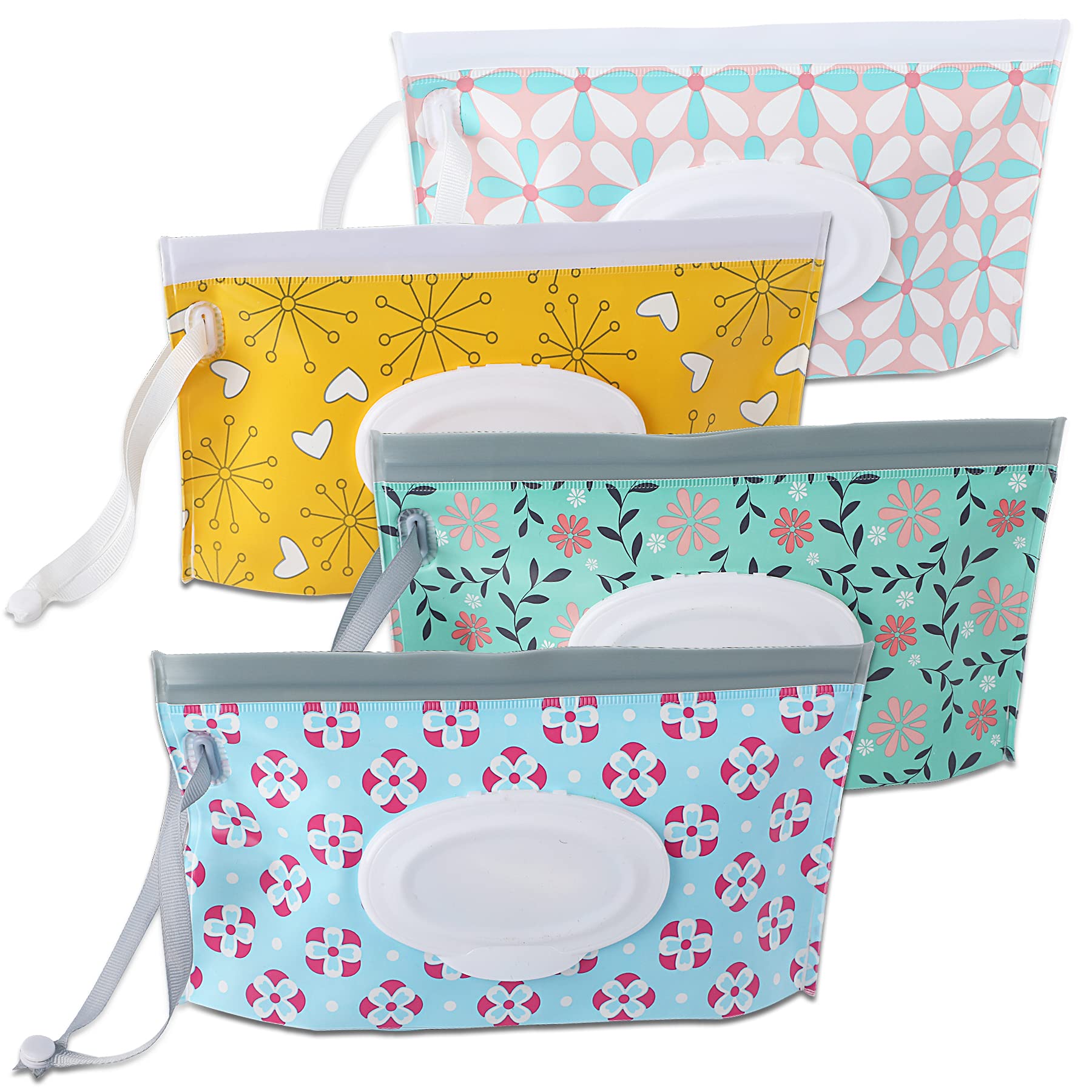 FEBSNOW 4 Pack Baby Wipe Dispenser, Portable Refillable Wipe Holder, Baby Wipes Container, Wipe Dispenser, Reusable Travel Wet Wipe Pouch (Floral)