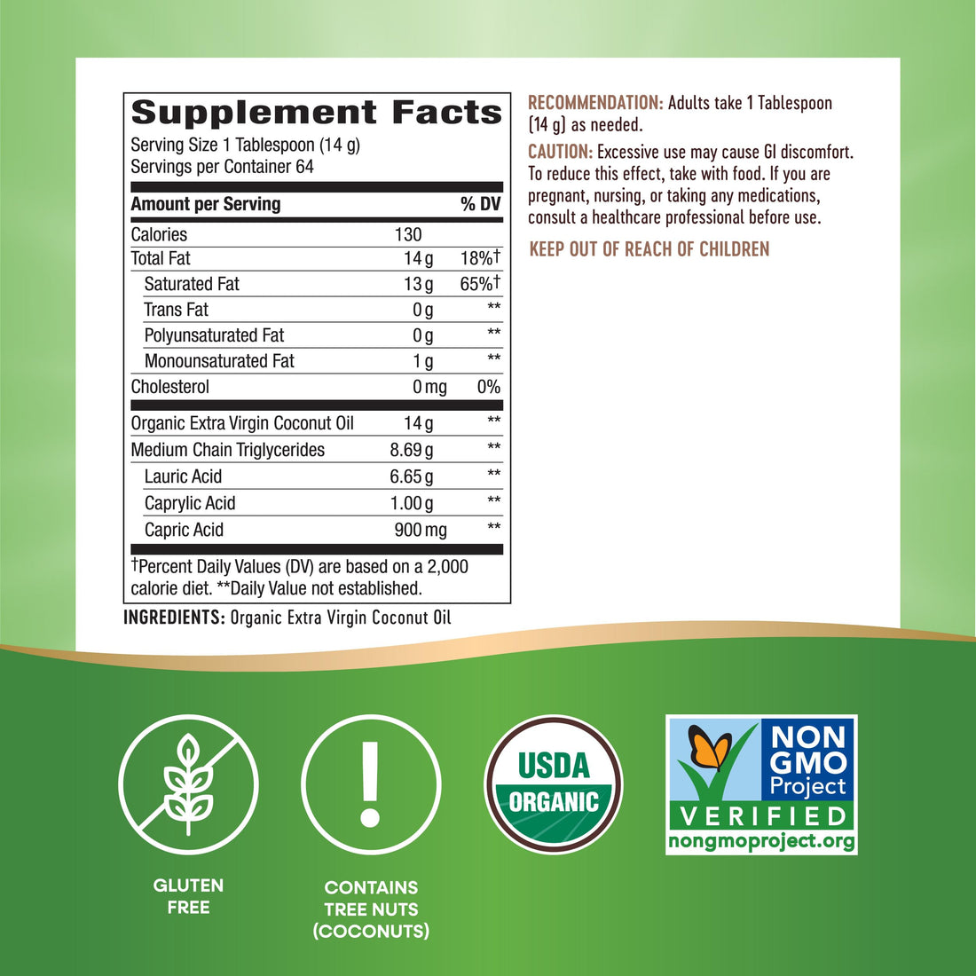 Nature's Way Organic Extra Virgin Coconut Oil, Pure & Unrefined, Cold-Pressed, USDA Organic, Non-GMO