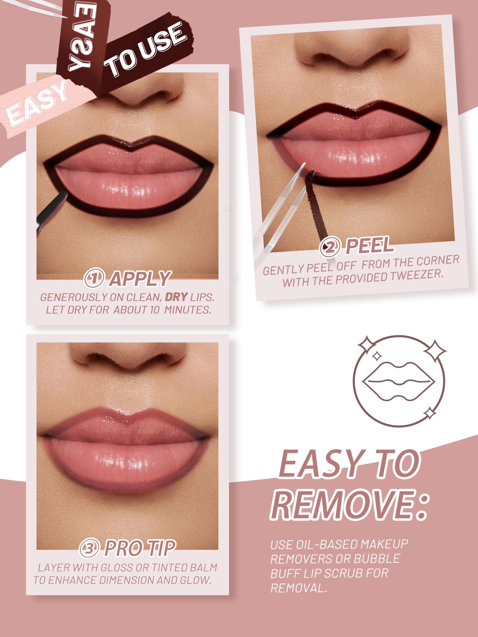 QCMME Lip Stain Peel Off Lip Liner Stain with Tweezer, Long Lasting Matte Lip Tint Tattoo, Highly Pigmented Color Lip Makeup, Waterproof Lipstick, Transfer-proof Lipstain for Women, Nude Pink