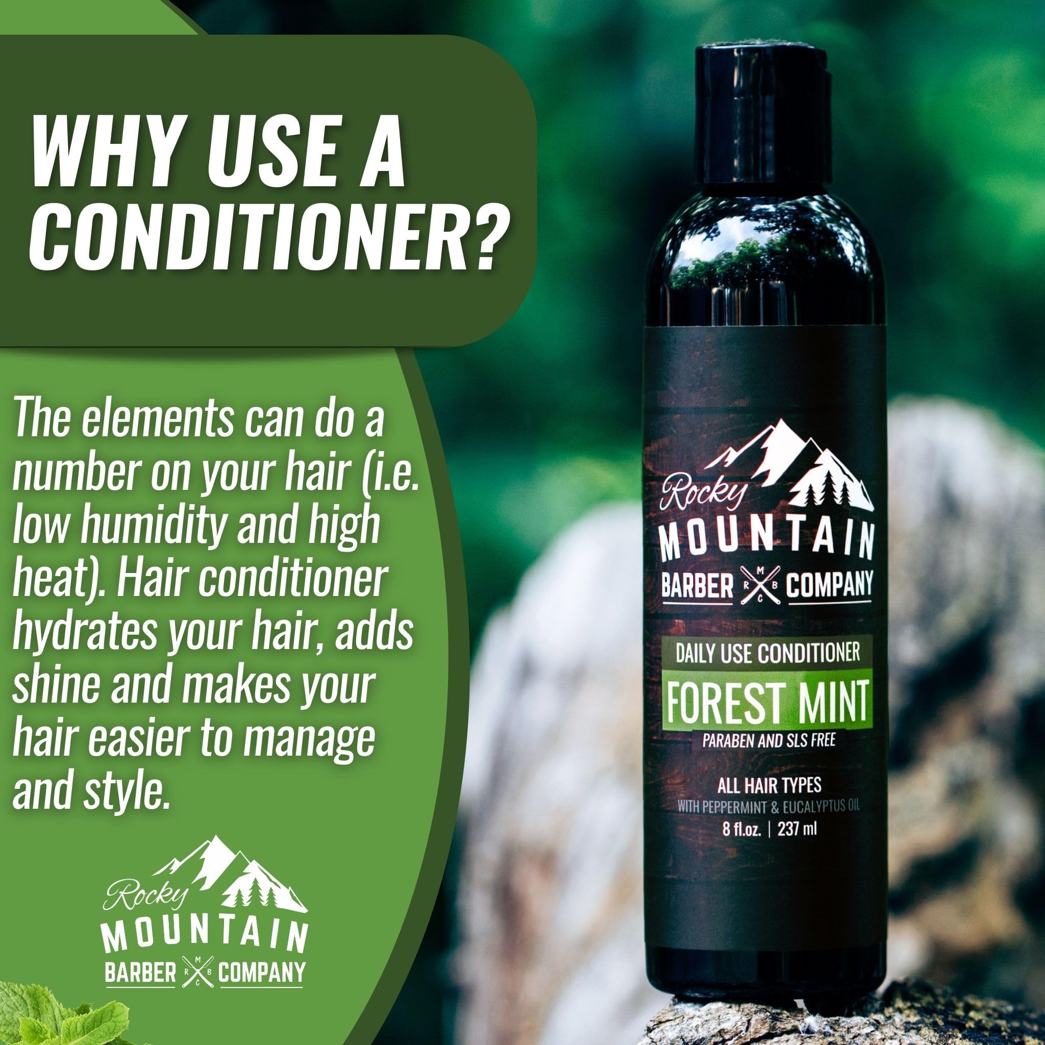 Rocky Mountain Barber Company Men's Conditioner - Tea Tree Oil, Peppermint & Eucalyptus for All Hair Types - 8oz