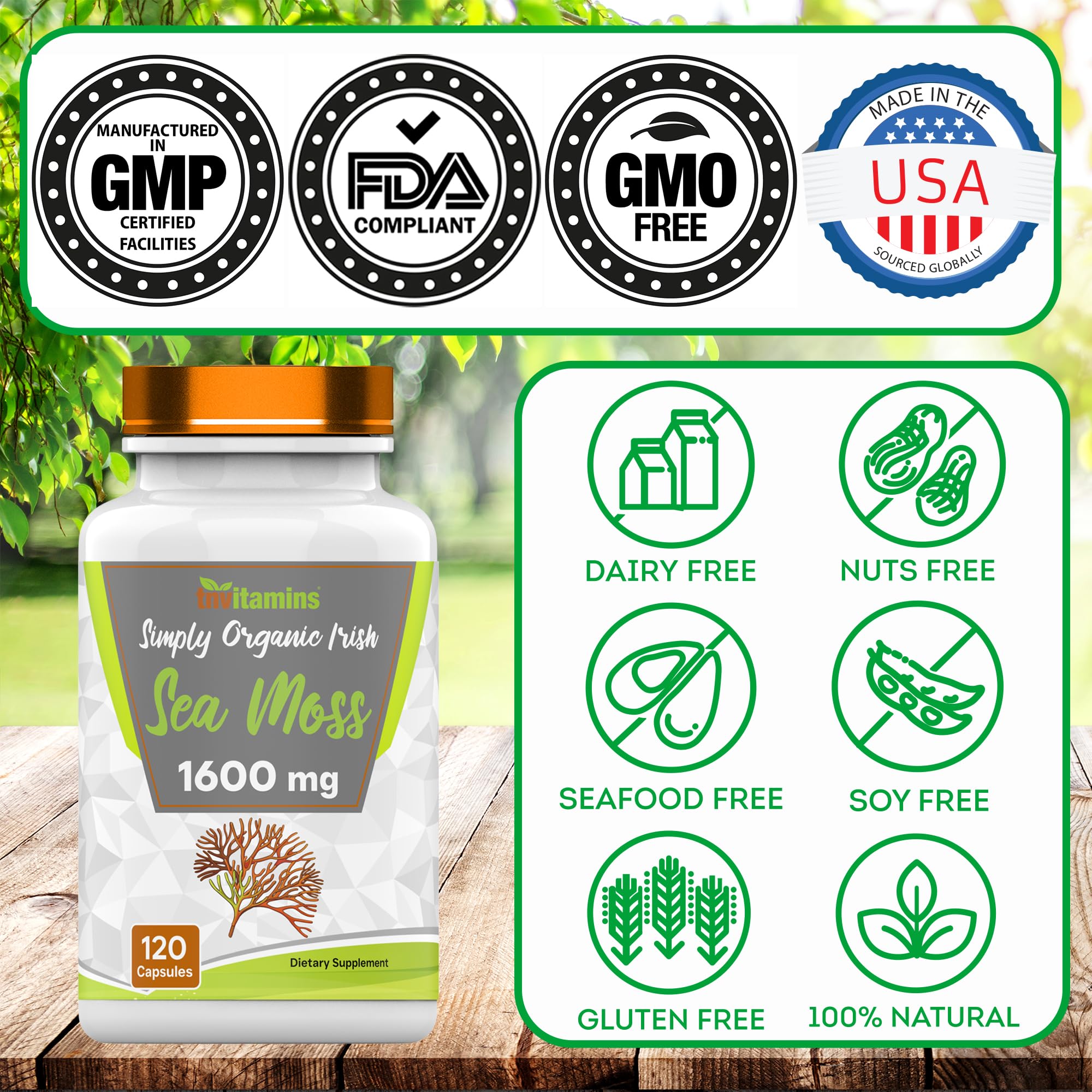 tnvitamins Organic Irish Sea Moss: 1600mg - 120 Capsules | Two Month Supplt Simply Organic Sea Moss Powder Capsules are Highly Potent, and Absorbable! | Non-GMO | Made in The USA!
