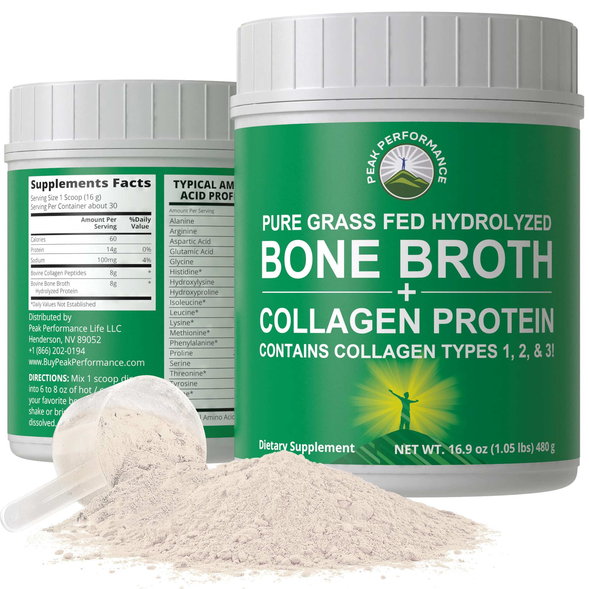 Peak Performance Hydrolyzed Bone Broth and Collagen Unflavored Protein Peptides Powder Contains All Collagen Types: 1, 2, and 3. Pure Pasture, Raised Grass Fed, Paleo Friendly, Gluten + Dairy Free