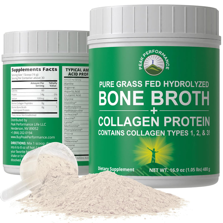 Peak Performance Hydrolyzed Bone Broth and Collagen Unflavored Protein Peptides Powder Contains All Collagen Types: 1, 2, and 3. Pure Pasture, Raised Grass Fed, Paleo Friendly, Gluten + Dairy Free