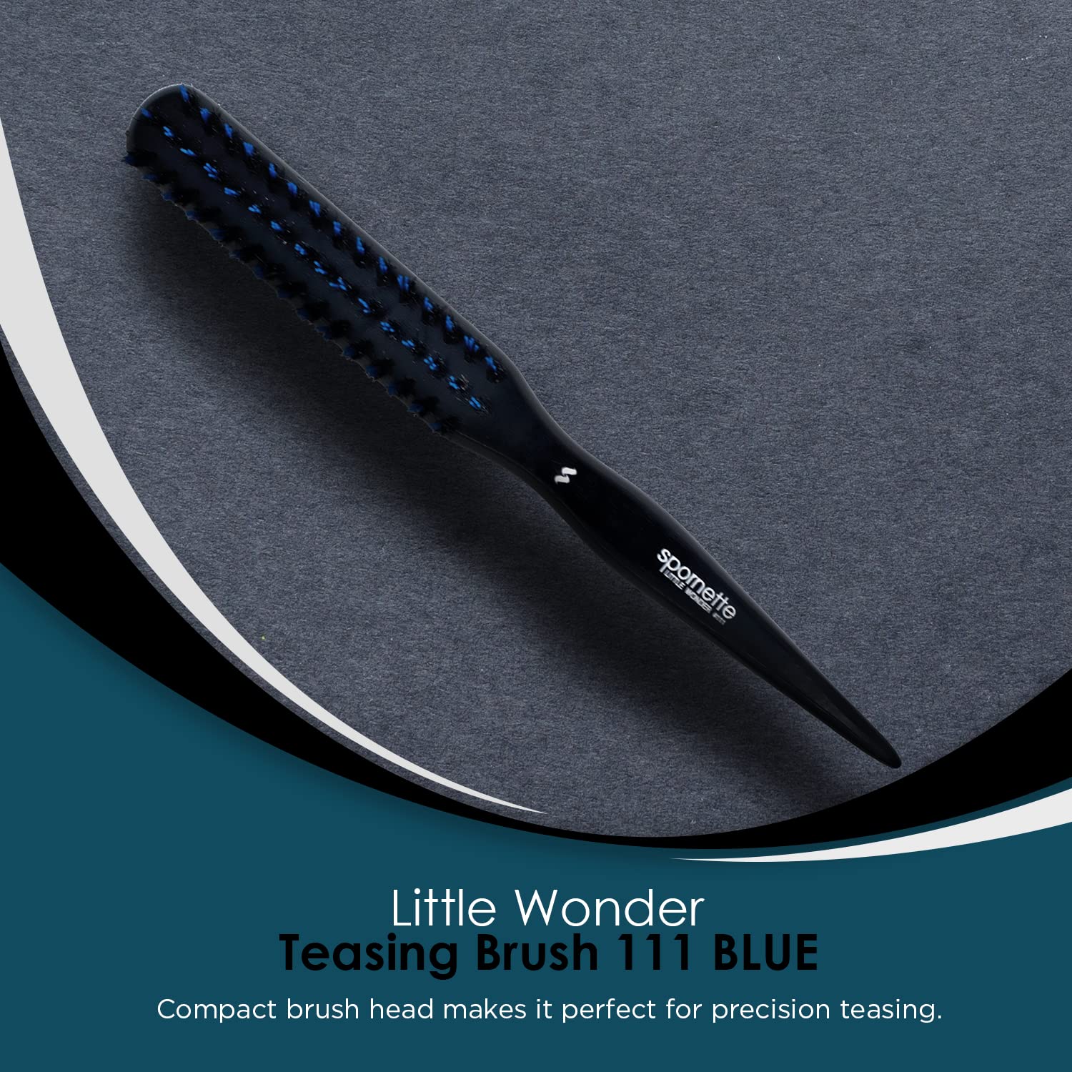 Spornette Little Wonder Teasing Brush, Boar & Tourmaline Nylon Bristles - Tapered Handle for Back Brushing & Combing, Creating Volume, Teasing, & Slicking Hair for Updos (Blue)