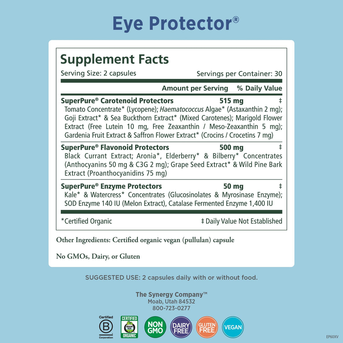 PURE SYNERGY Eye Protector | 100% Natural, Vegan Eye Health Supplement | with Organic Astaxanthin, Lutein, & Zeaxanthin | for Healthy Vision (60 Capsules)