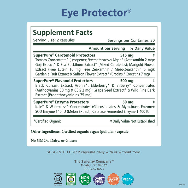 PURE SYNERGY Eye Protector | 100% Natural, Vegan Eye Health Supplement | with Organic Astaxanthin, Lutein, & Zeaxanthin | for Healthy Vision (60 Capsules)