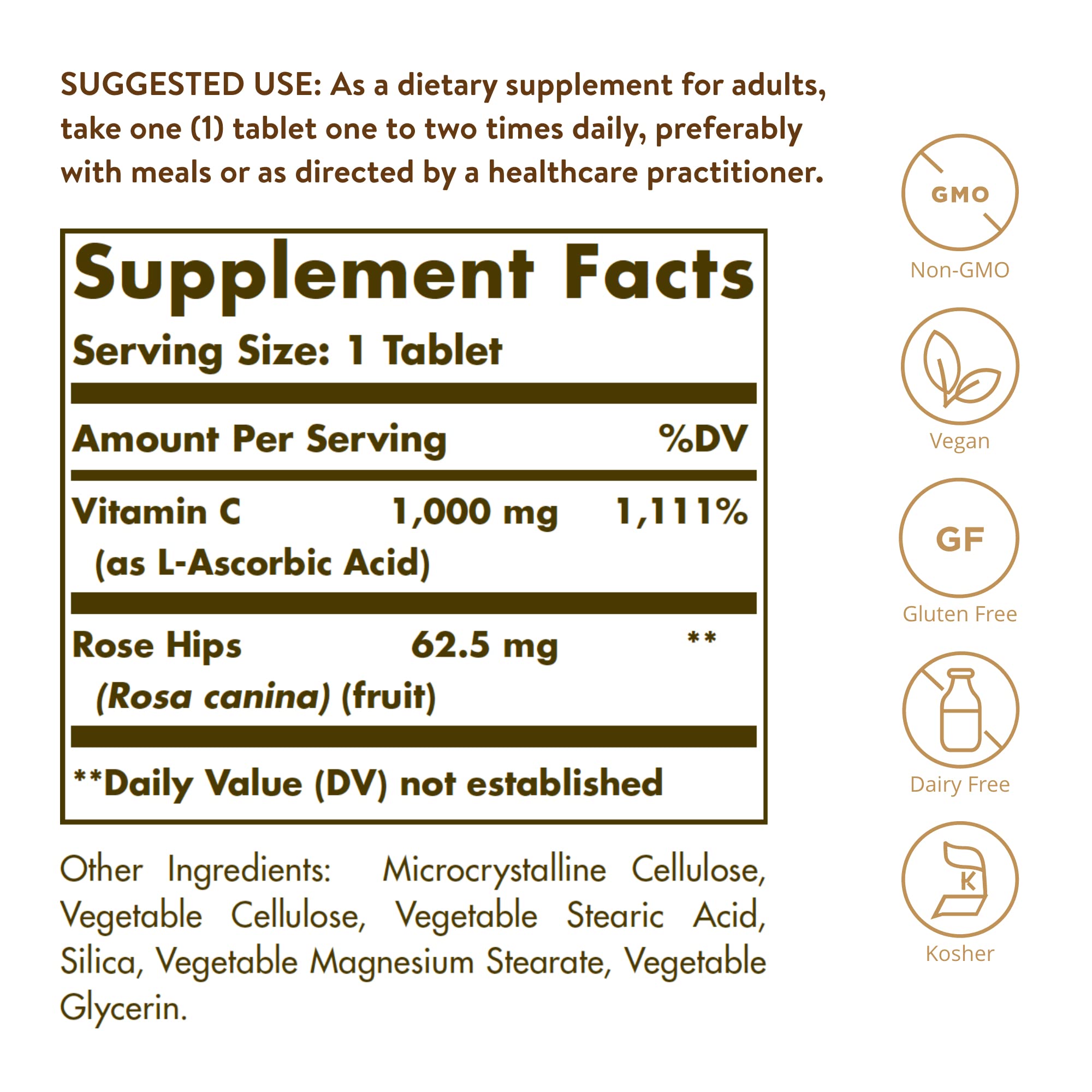 Solgar Vitamin C 1000 mg with Rose Hips, 250 Tablets - Antioxidant & Immune Support - Overall Health - Supports Healthy Skin & Joints - Non GMO, Vegan, Gluten Free, Dairy Free, Kosher - 250 Servings