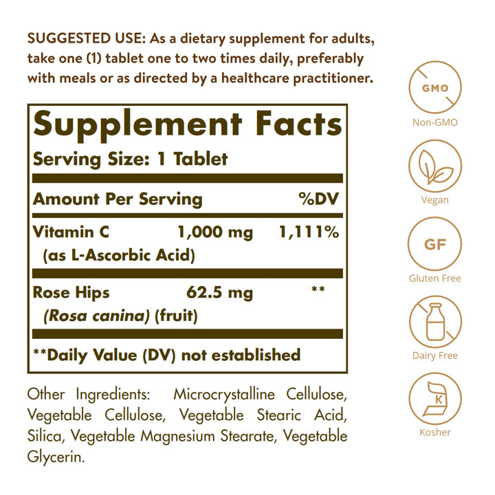 Solgar Vitamin C 1000 mg with Rose Hips, 250 Tablets - Antioxidant & Immune Support - Overall Health - Supports Healthy Skin & Joints - Non GMO, Vegan, Gluten Free, Dairy Free, Kosher - 250 Servings