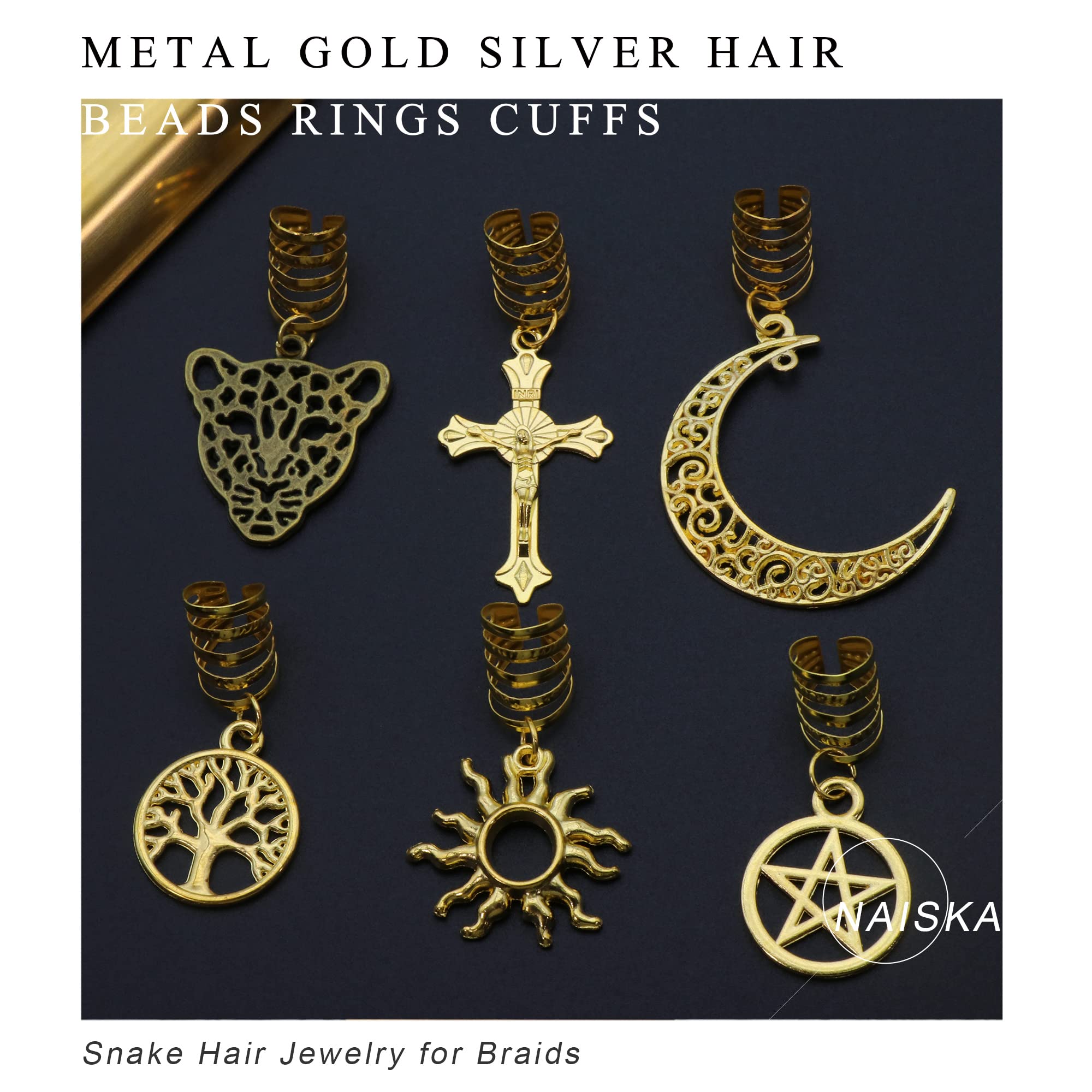 NAISKA 12PCS Moon Hair Accessories Braid Beads Dreadlocks Loc Jewelry for Braids Hair Clip Decoration Hair Beads Cuffs Coils Rings Pendantsï¼Ë†Gold & Silverï¼â€°