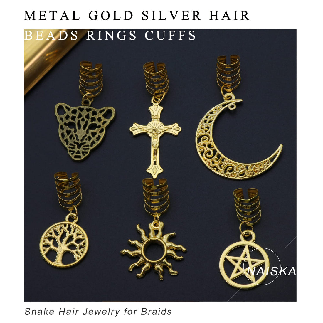 NAISKA 12PCS Moon Hair Accessories Braid Beads Dreadlocks Loc Jewelry for Braids Hair Clip Decoration Hair Beads Cuffs Coils Rings Pendantsï¼Ë†Gold & Silverï¼â€°