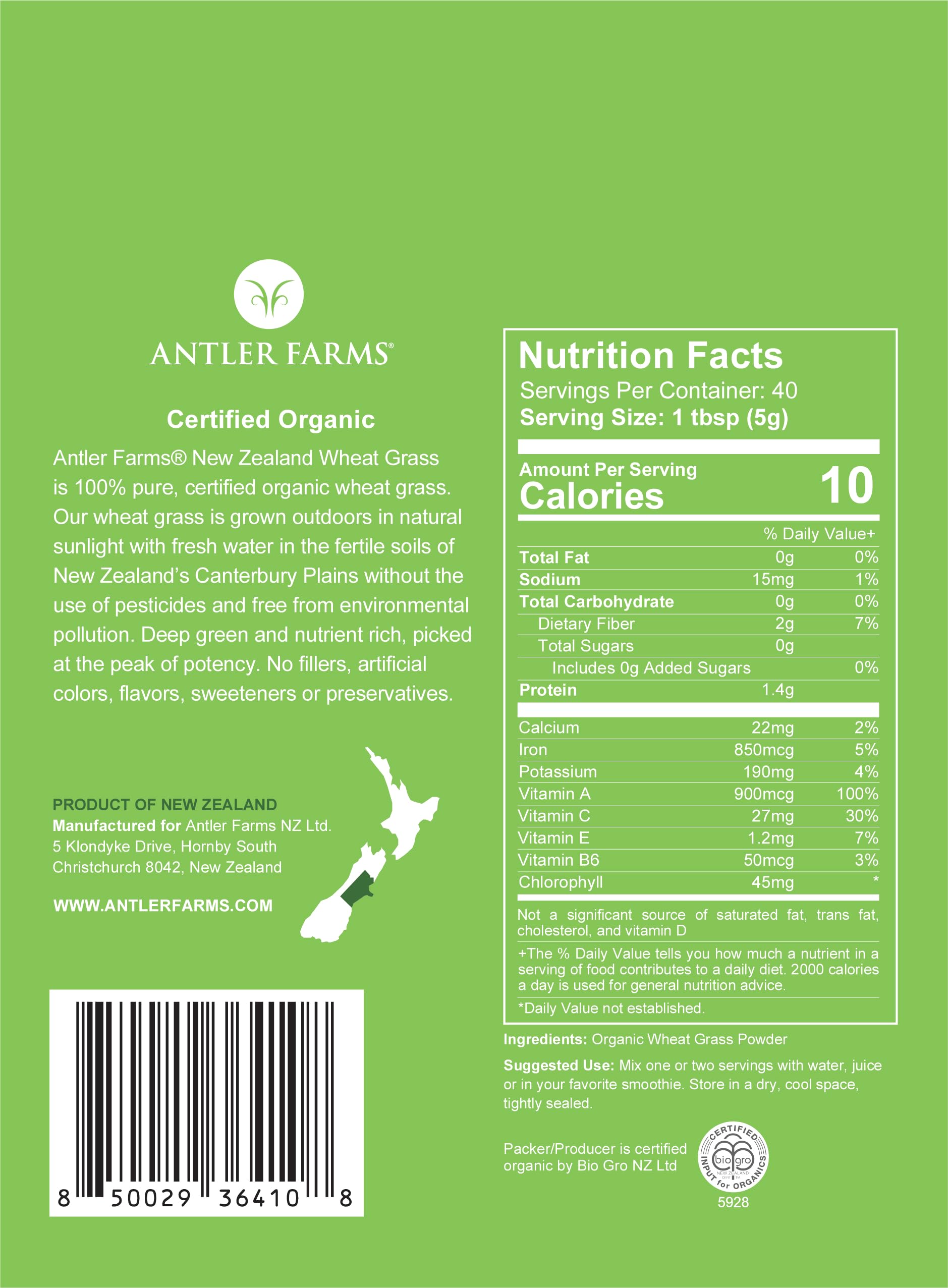 Antler Farms - 100% Pure, Organic, New Zealand Wheatgrass Powder, 40 Servings, 200g - Raw, Vegan, Gluten Free, Nutrient Rich, High Chlorophyll Wheat Grass, Detox, Essential Amino Acids, Minerals