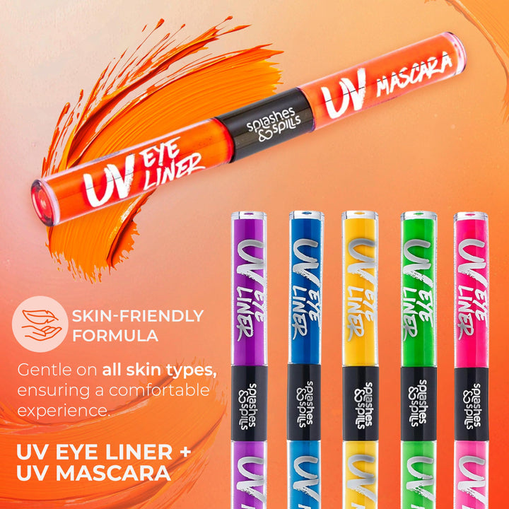 UV Glow Blacklight Eyeliner and Mascara Duo - 6 Color Variety Pack, 6ml - Day or Night Stage, Clubbing or Costume Makeup by Splashes & Spills