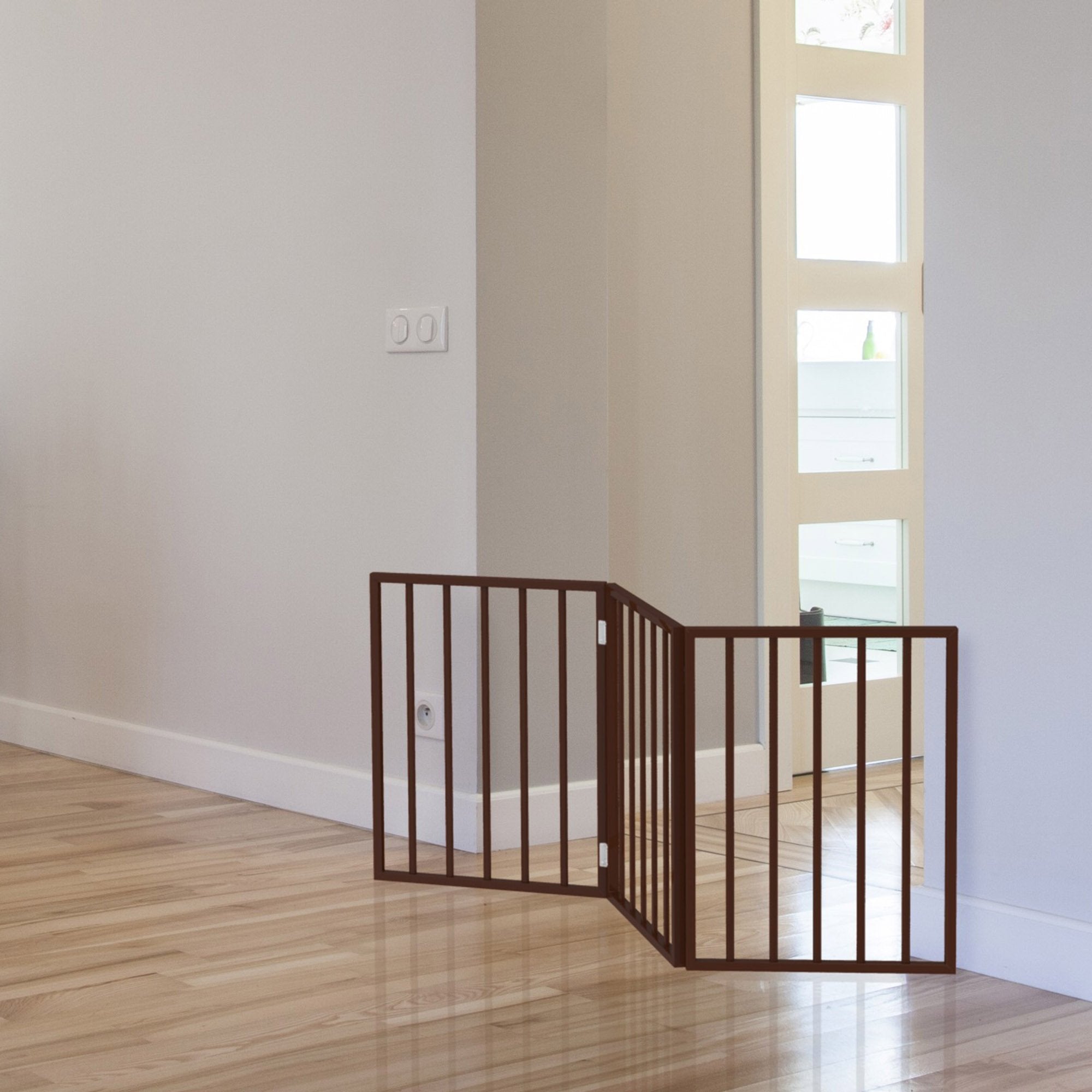 3-Panel Indoor Foldable Dog Fence for Stairs, Hallways, or Doorways - 54x24-Inch Wood Freestanding Dog Gates by PETMAKER (Brown)