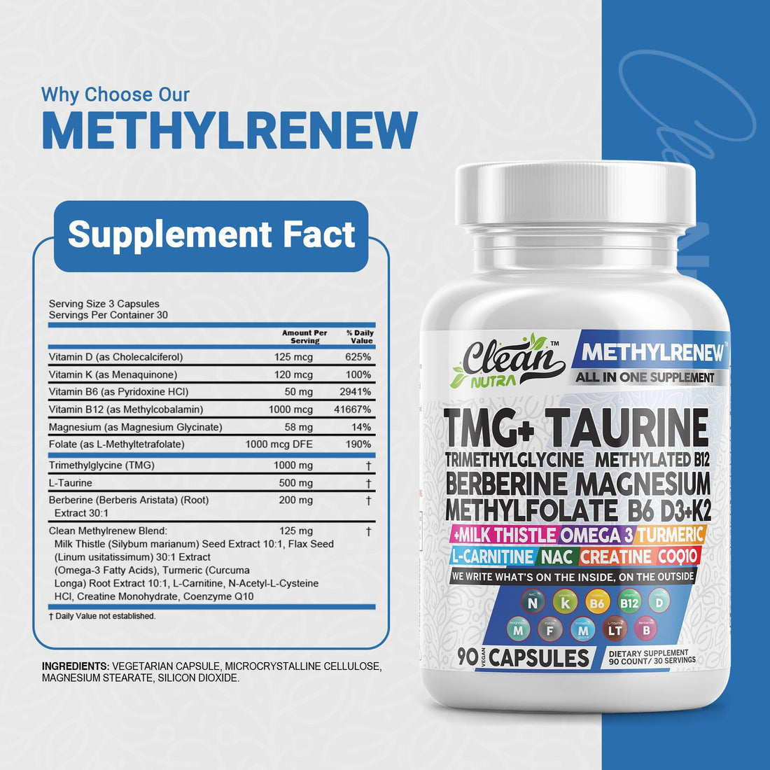 Clean Nutra Methylated Multivitamin for Women Men TMG Taurine Supplement + B6 Vitamins, B12, D3 K2, Magnesium Methylfolate Milk Thistle Omega 3 Turmeric NAC L Carnitine Creatine COQ10 B Complex Caps