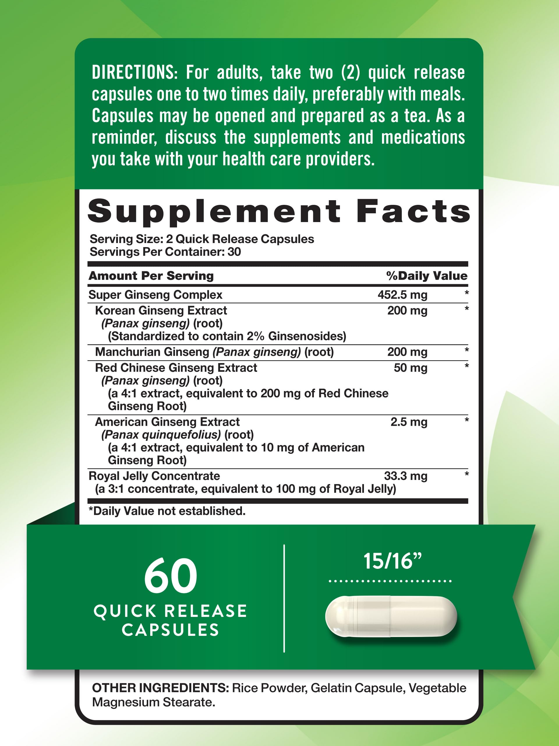 Super Ginseng Complex | 60 Capsules | With Royal Jelly | from Ginseng Extract | Non-GMO, Gluten Free Supplement | by Nature's Truth