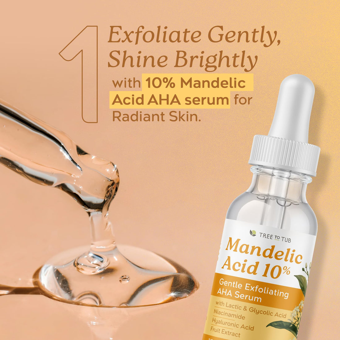 Tree To Tub Mandelic Acid Serum - 10% Gentle Exfoliating AHA Serum - Mandelic Serum w/Lactic & Glycolic Acid for Smoother Skin - Hyaluronic Acid to Hydrate - Vegan Skincare for Men & Women