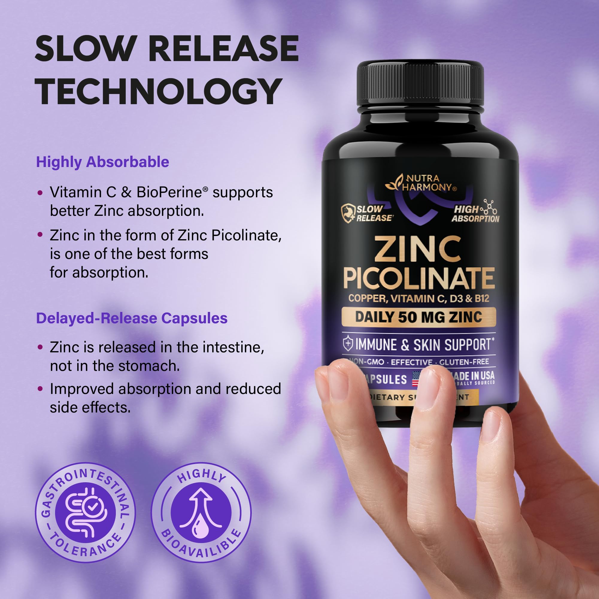 Zinc Picolinate 50mg - Zinc Supplement with Copper, Vitamin D3 & B12 - Stomach Friendly | Slow Release Zinc - Immune Support & Skin Health - High Absorption with BioPerine & Vitamin C - 60 Capsules