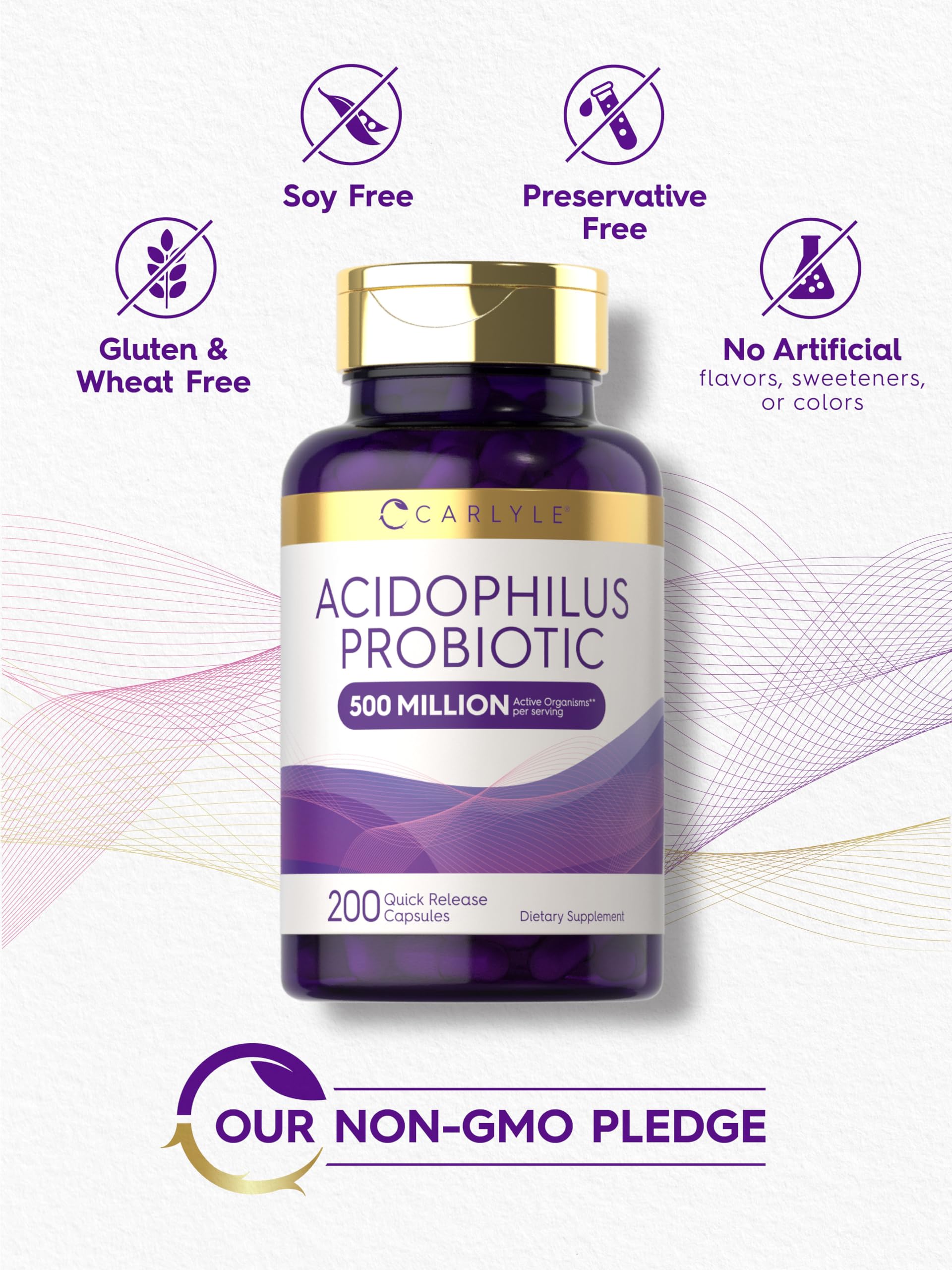 Carlyle Acidophilus Probiotic Capsules for Women and Men | 500 Million CFU | 200 Pills | Lactobacillus Supplement | Non-GMO and Gluten Free