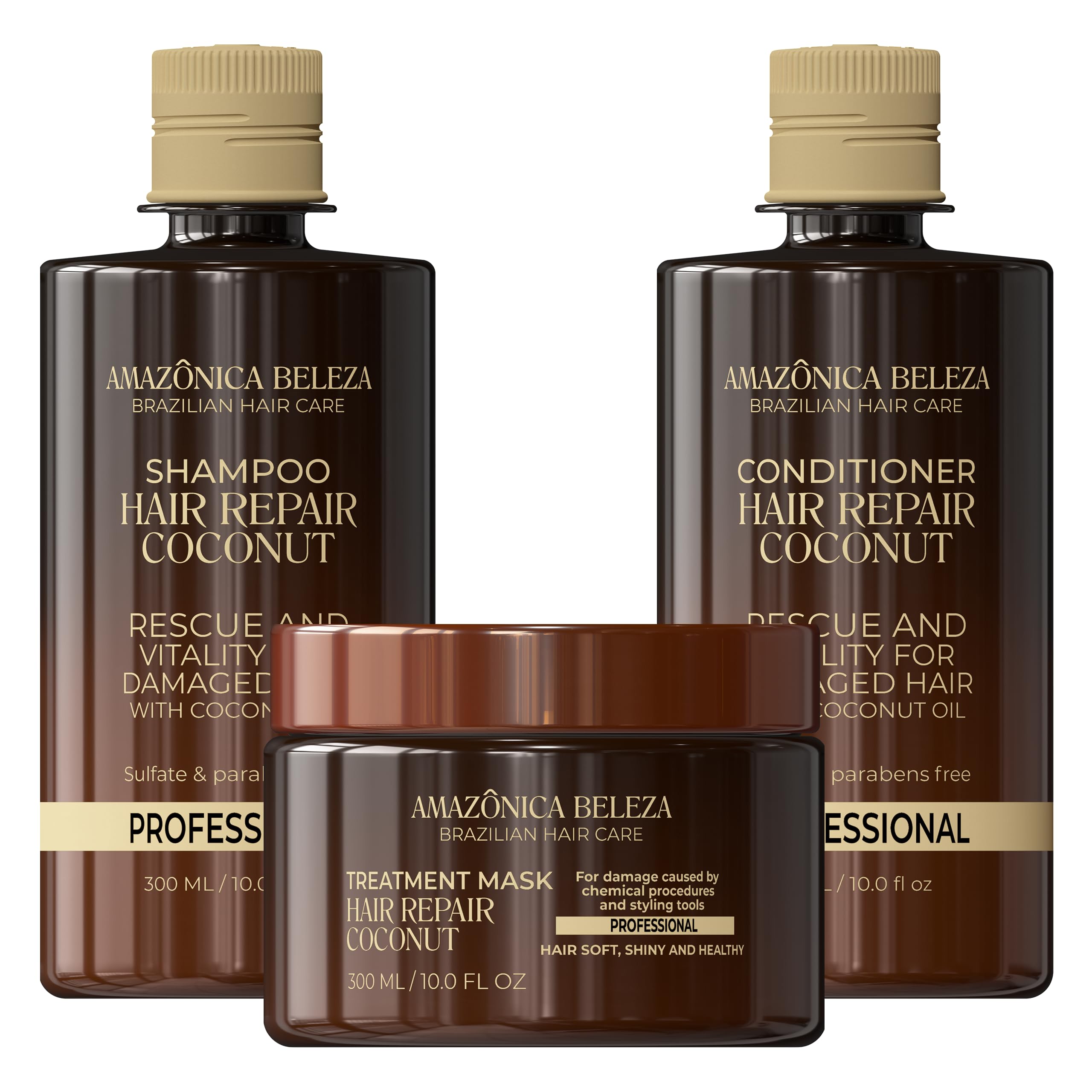 AMAZONICA BELEZA Coconut kIT, Repairs Damaged Hair and Restores Hair Proteins for Healthy, Vital Hair, with Coconut Oil, Sulfate & Parabens Free, Kit Shampoo, Conditioner and Mask, 10 Oz