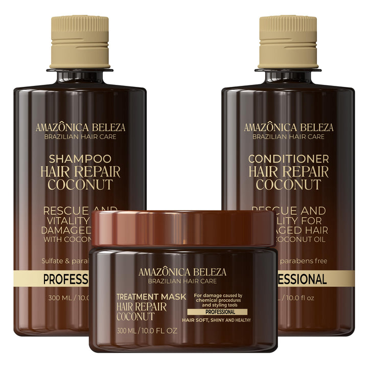 AMAZONICA BELEZA Coconut kIT, Repairs Damaged Hair and Restores Hair Proteins for Healthy, Vital Hair, with Coconut Oil, Sulfate & Parabens Free, Kit Shampoo, Conditioner and Mask, 10 Oz