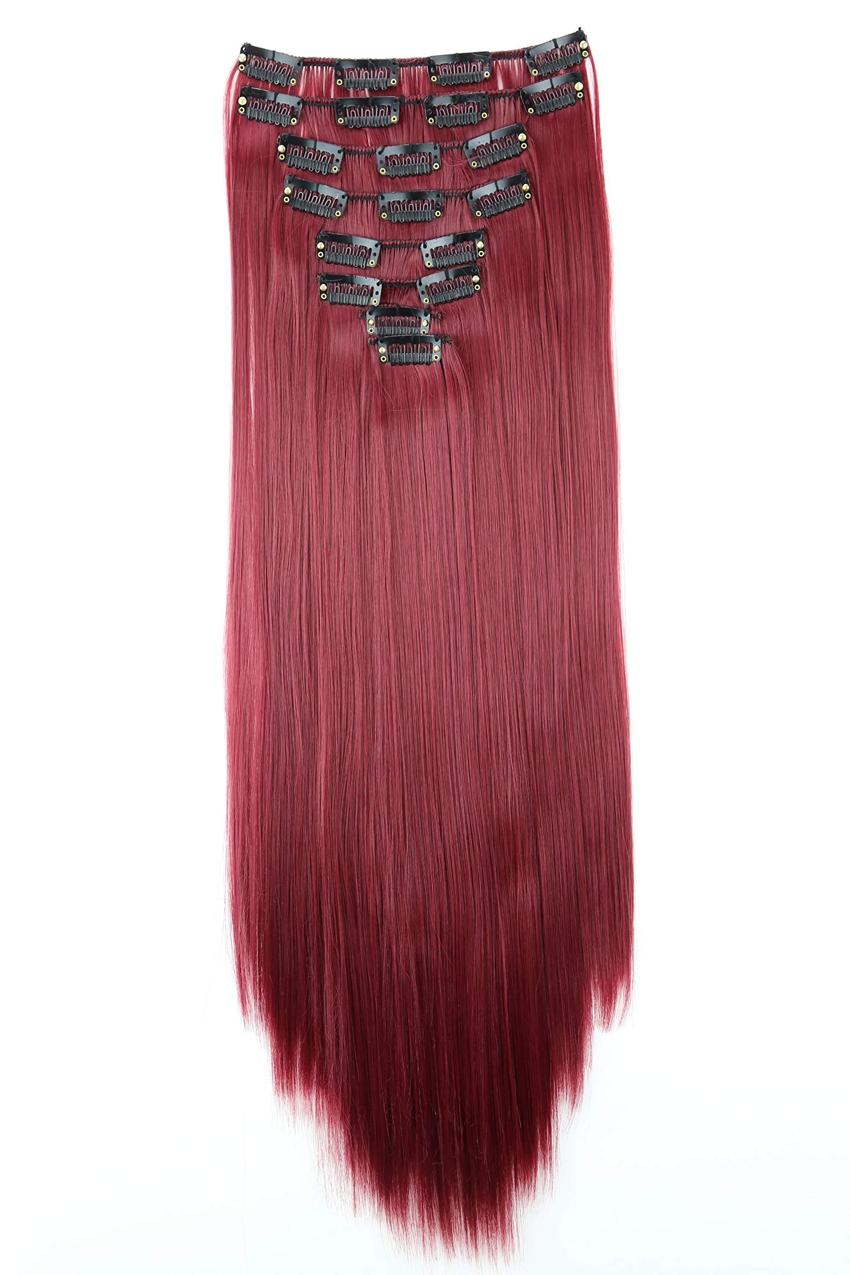 wein red #118CES10 : PRETTYSHOP XXL Set 8 pcs 24 Clip In Hair Extensions Full Head Hairpiece Wavy Curled Or Straight Heat-Resisting Div. Colors (bordeaux red straight #118 CES10)