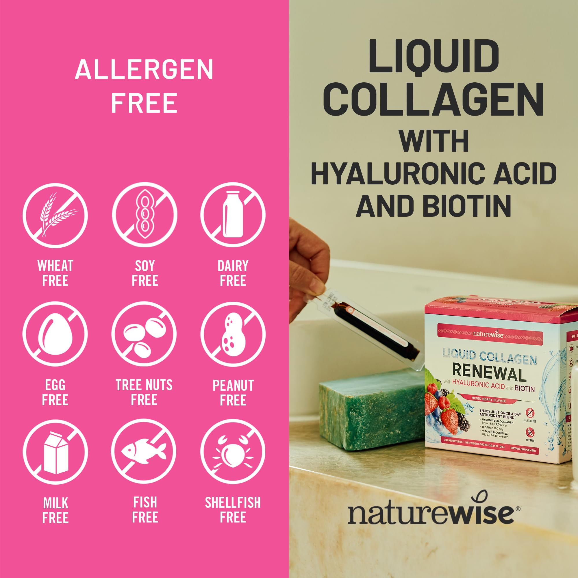 NatureWise Liquid Collagen for Women & Men 4000mg, Type 1 & 3 Peptides with Biotin for Hair, Skin and Nails + Vitamin C + Vitamin B Complex - Low Sugar - Mixed Berry - 30 Tubes