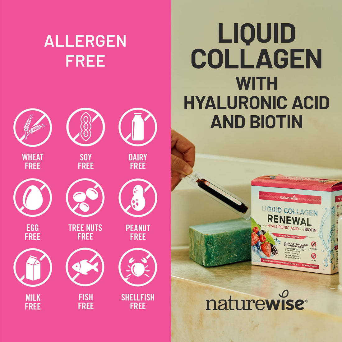 NatureWise Liquid Collagen for Women & Men 4000mg, Type 1 & 3 Peptides with Biotin for Hair, Skin and Nails + Vitamin C + Vitamin B Complex - Low Sugar - Mixed Berry - 30 Tubes