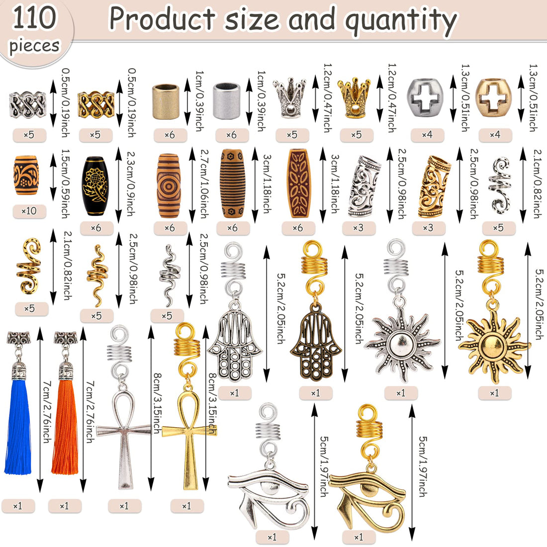 110PCS Retro Metal Dreadlock Accessories Hair Tube Beads Wooden-Like Beads Handmade DIY Tassel Hair Decoration Hair Jewelry for Locs Braids Men Women Hip-Hop Style