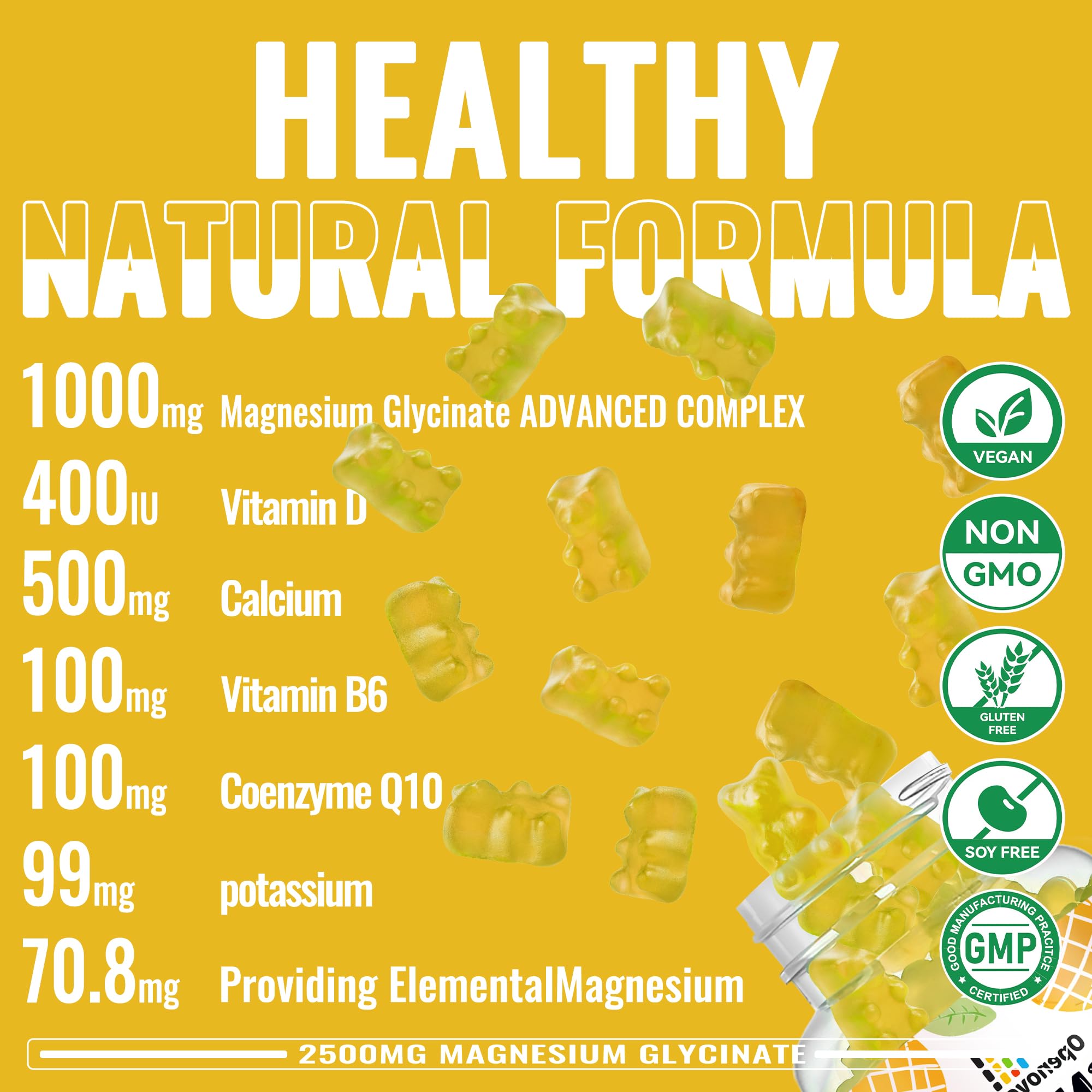 Magnesium Glycinate Gummies 2500mg - Sugar Free Magnesium Potassium Supplement with Vitamin D, B6, CoQ10 for Calm Mood & Sleep Support - 90 Pineapple Gummies