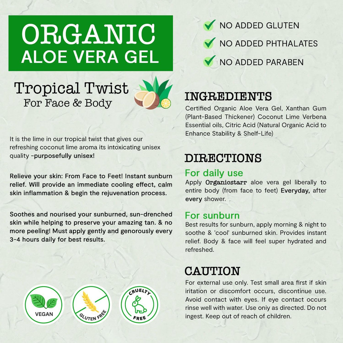 DEW ME DAILY USDA Certified Organic Aloe Vera Gel 12 oz - 100% Pure, Cold Pressed, Hand Harvested, Infused with Coconut, Lime & Verbena Essential Oils, Chemical-Free - Skin & Hair Care, Made in USA