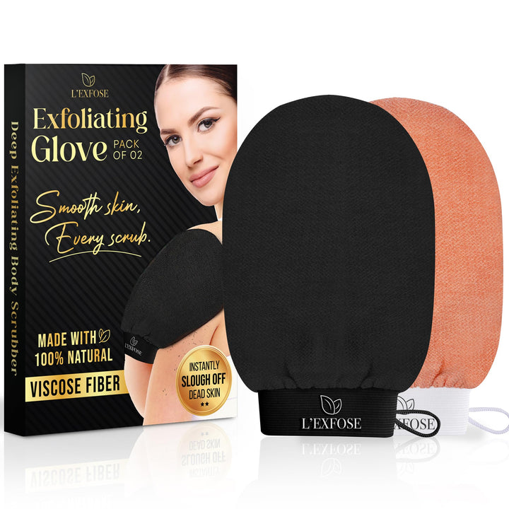 L'Exfose Kessa Hammam Deep Exfoliating Glove 2pc - Korean Exfoliating Mitt for Shower Ideal for Dead Skin Remover, Keratosis Pilaris & Self-Tanning to Improve Skin Tone Made with 100% Natural Viscose