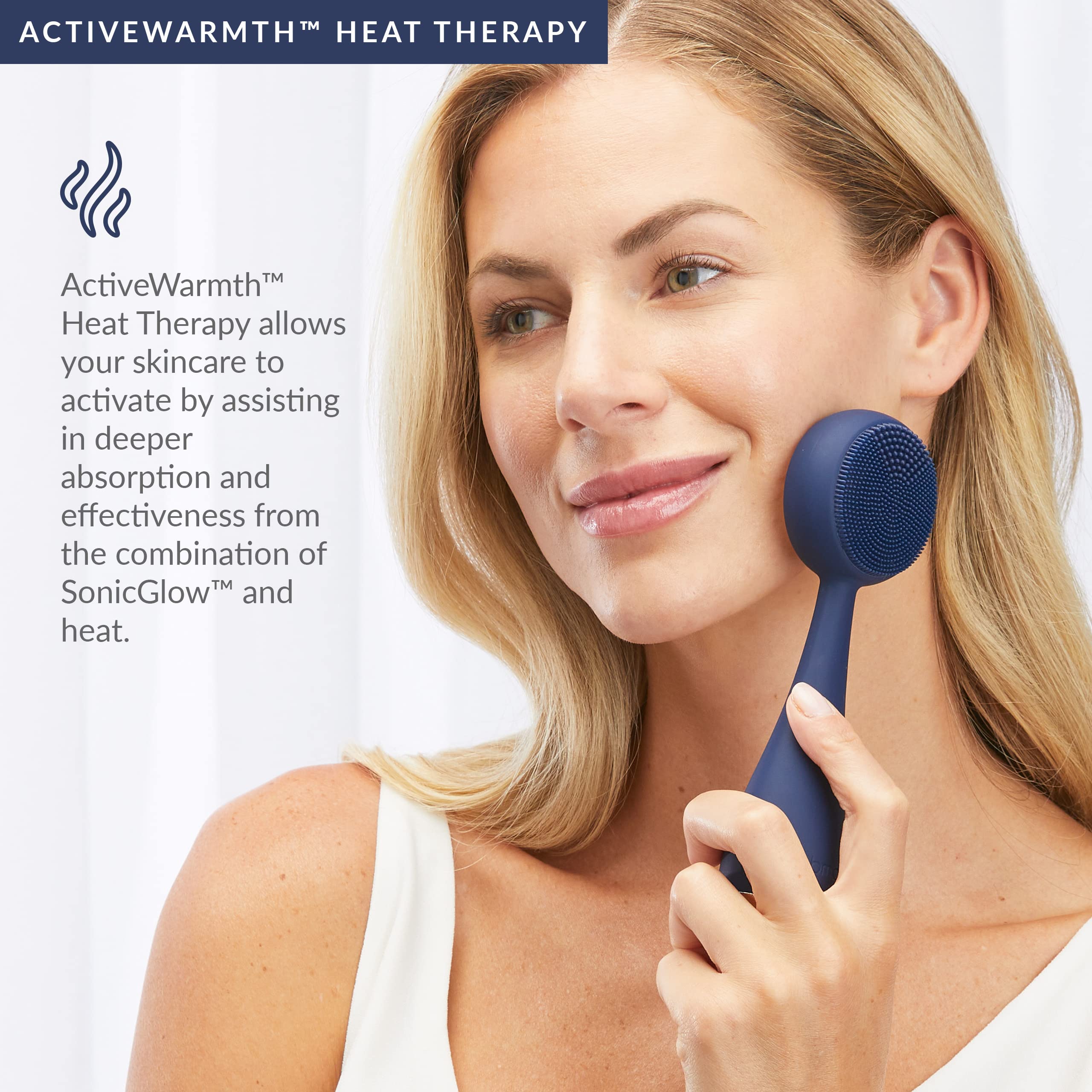 PMD Clean Pro - Smart Facial Cleansing Device with Silicone Brush & ActiveWarmth Anti-Aging Massager - Waterproof - SonicGlow Vibration Technology - Lift, Firm, and Tone Skin on Face and Body - Navy