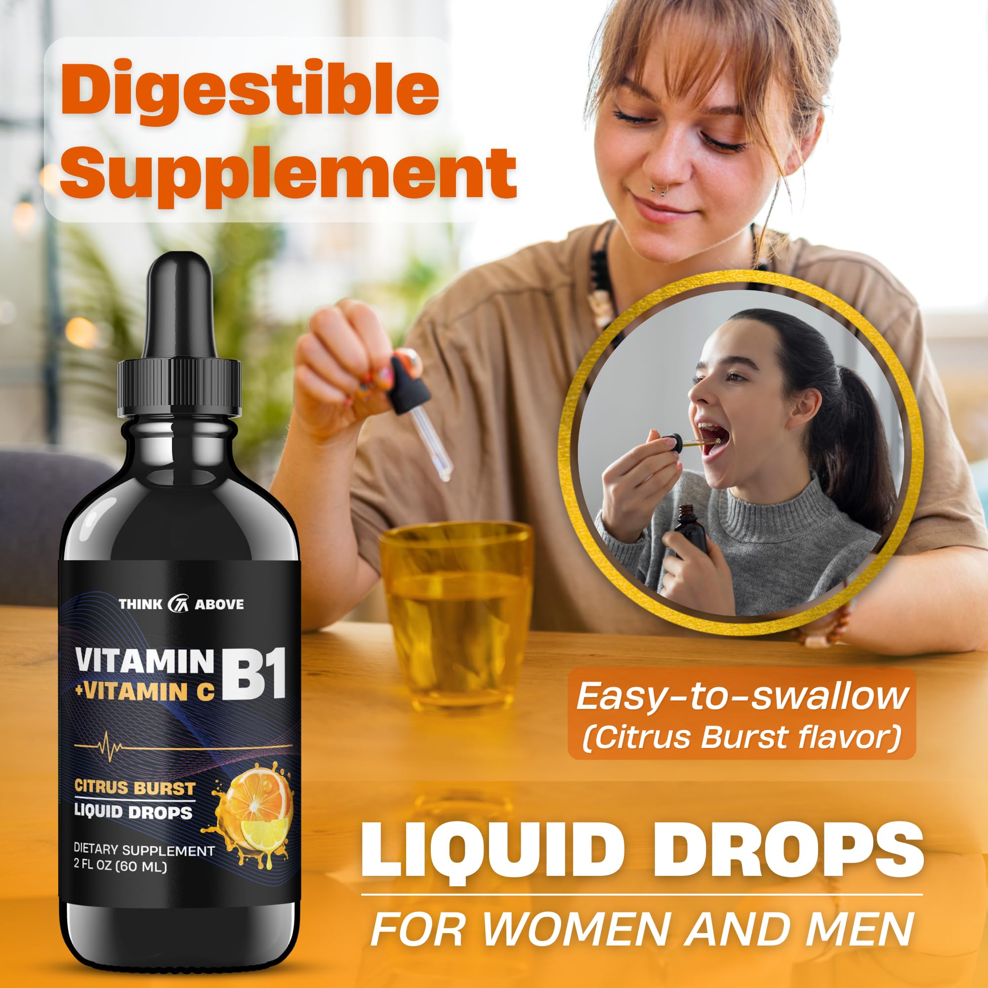 Think Above Vitamin B1 + Vitamin C Liquid Drops - Energy & Immune Support Supplement - 2 fl oz (60 ml) Pack of 2 - Fast Absorption, Easy-to-Use