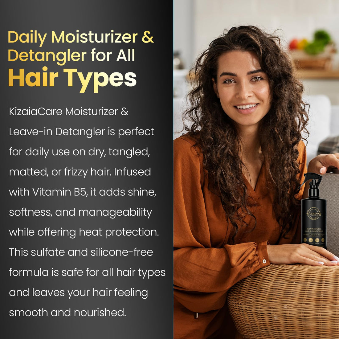 KizaiaCare Moisturizer & Leave-in Detangler Daily use for dry, tangle, matted, frizzy hair | Adds shine, and heat protection with Vitamin B5 | For all hair types, sulfate & silicone-free.