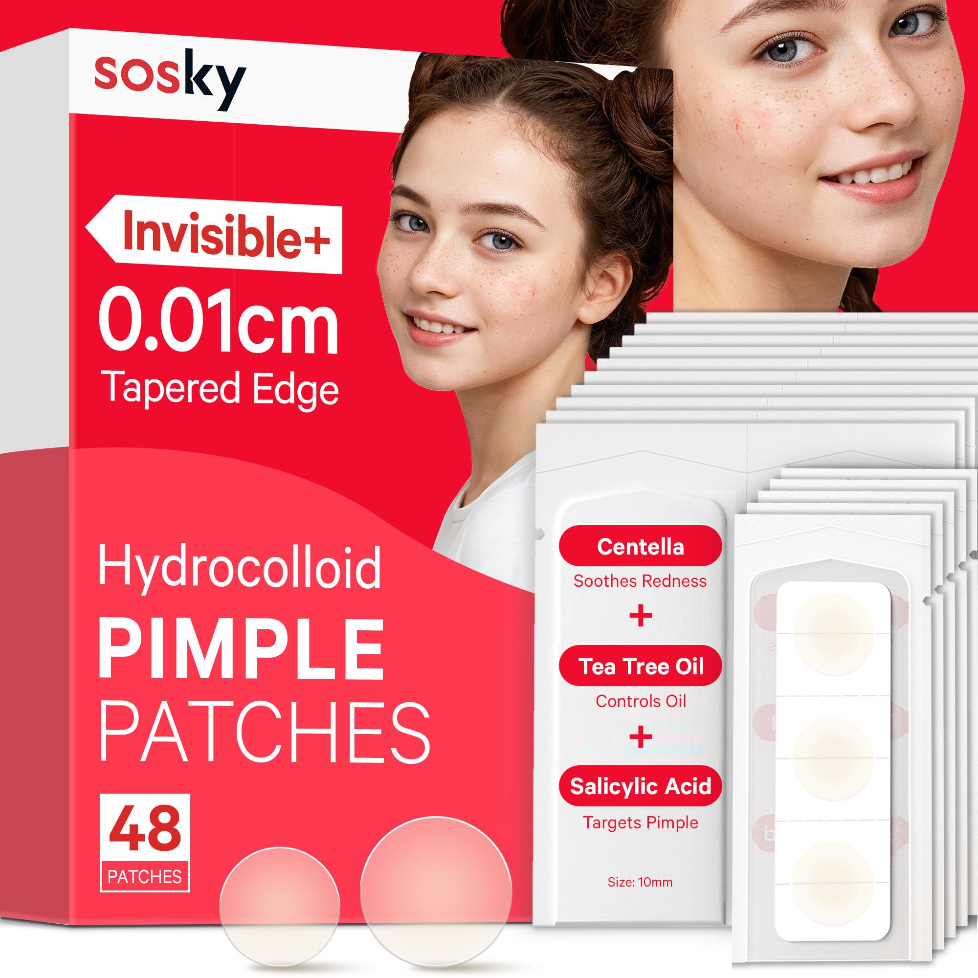 Sosky Pimple Patches for Face, FSA HSA Eligible Invisible Hydrocolloid Acne Patches, Zit Sticker for Face and Skin, Pimple Sticker for Covering Zits, Blemishes with Salicylic Acid 48 Count
