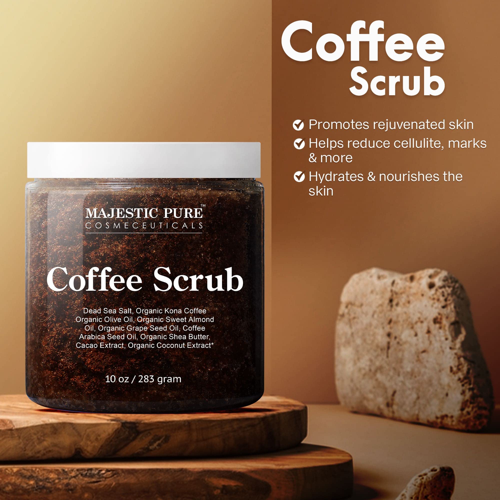Majestic Pure Arabica Coffee Scrub - All Natural Body Scrub for Skin Care, Stretch Marks, Acne & Cellulite, Reduce the Look of Spider Veins, Eczema, Age Spots & Varicose Veins - 10 Ounces : Single Pac